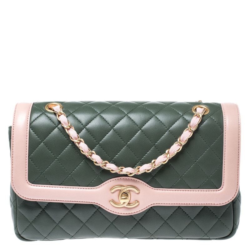 Chanel Green/Pink Quilted Lambskin Leather Medium Single Flap Bag
