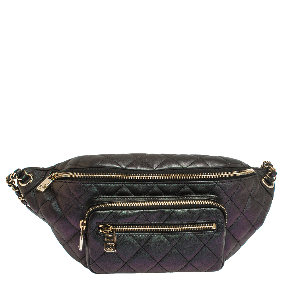Chanel Metallic Green/Purple Quilted Leather Fanny Pack Waistbelt Bag