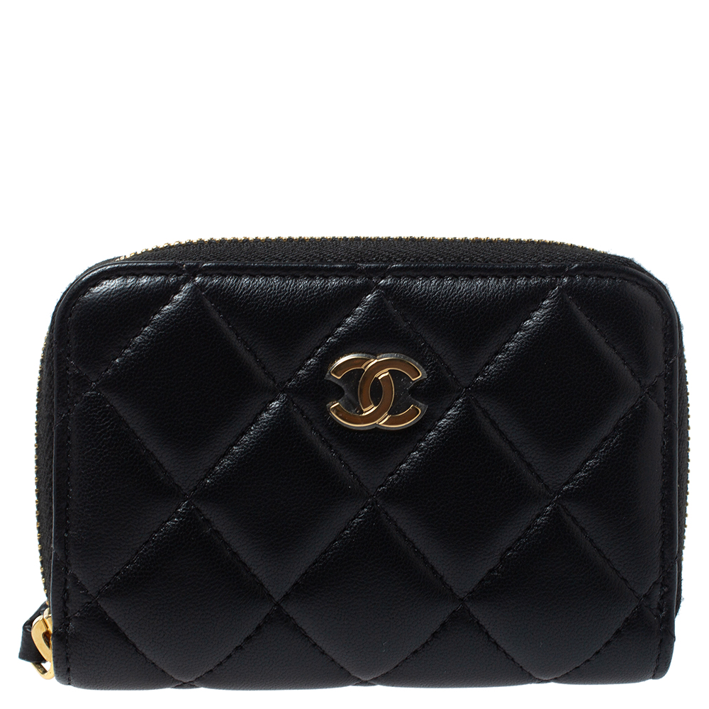 Chanel Black Quilted Leather Zip Around Coin Purse