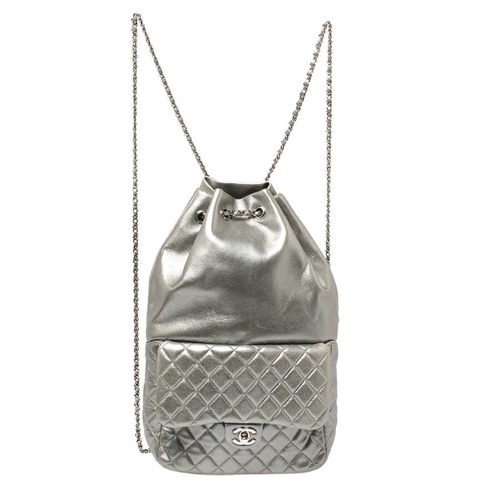 Pre Owned Chanel Silver Quilted Leather Large Seoul Backpack