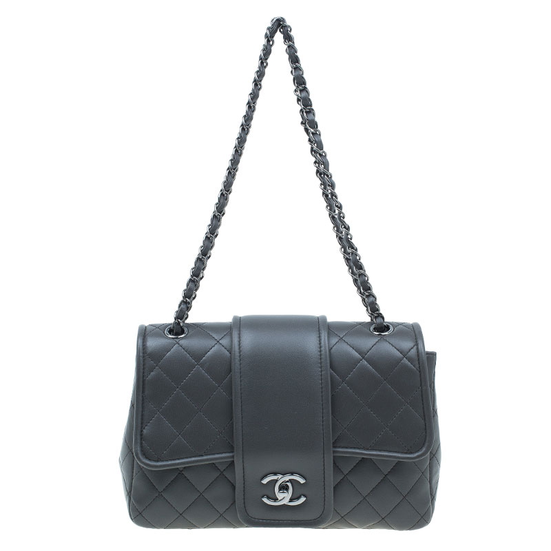 Pre Owned Chanel Dark Grey Lambskin Elementary Chic Flap Bag