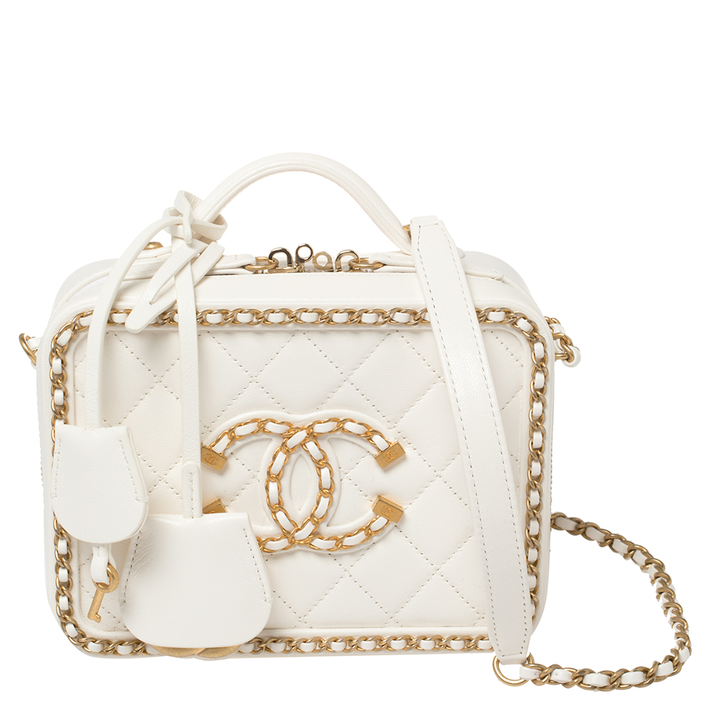 Chanel White Quilted Leather CC Filigree Chain Around Vanity Case Bag ...