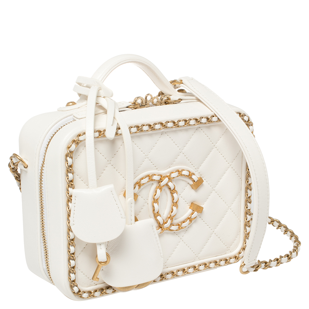 Chanel White Quilted Leather CC Filigree Chain Around Vanity Case Bag