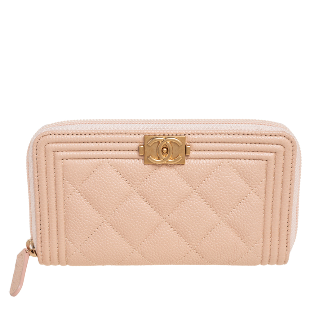 Chanel Beige Quilted Caviar Leather Boy Zip Around Wallet