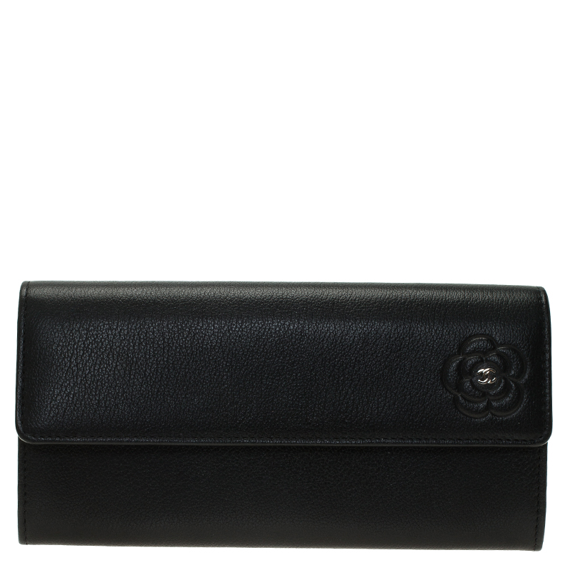 Pre Owned محفظة شانيل كونتيننتال جلد منقوش كاميليا أسود