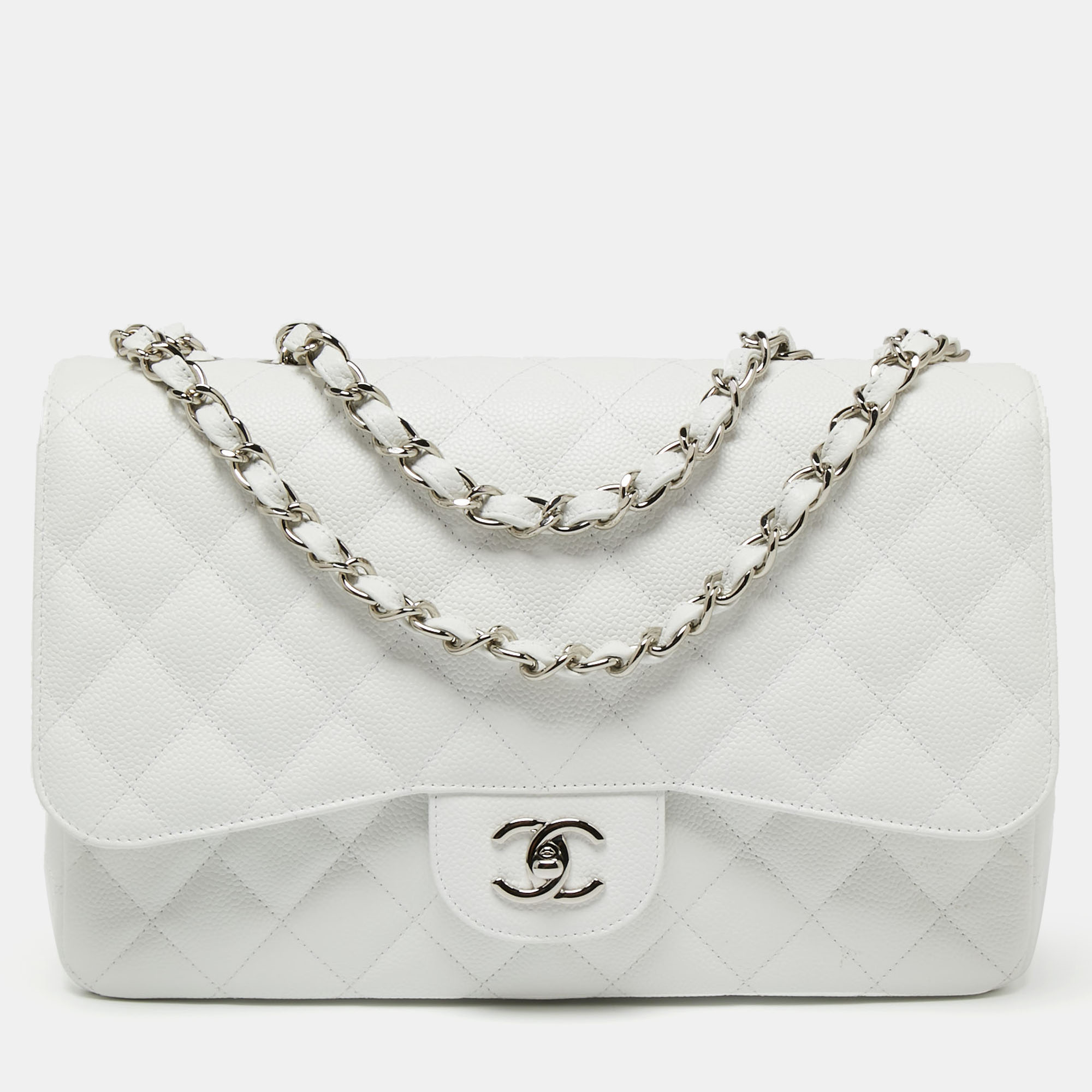 Chanel Classic Single Flap Bag Quilted Caviar Jumbo Gray 2383791