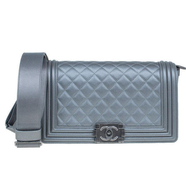 Pre Owned Chanel Grey Calfskin Medium Boy Flap Bag