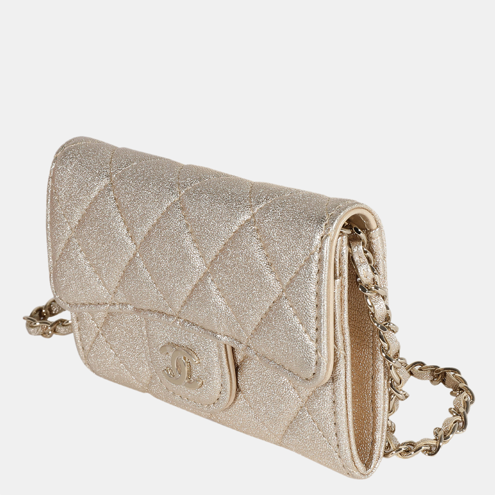 

Chanel Gold Metallic Quilted Lambskin Leather Mini Flap Chain Belt Bag