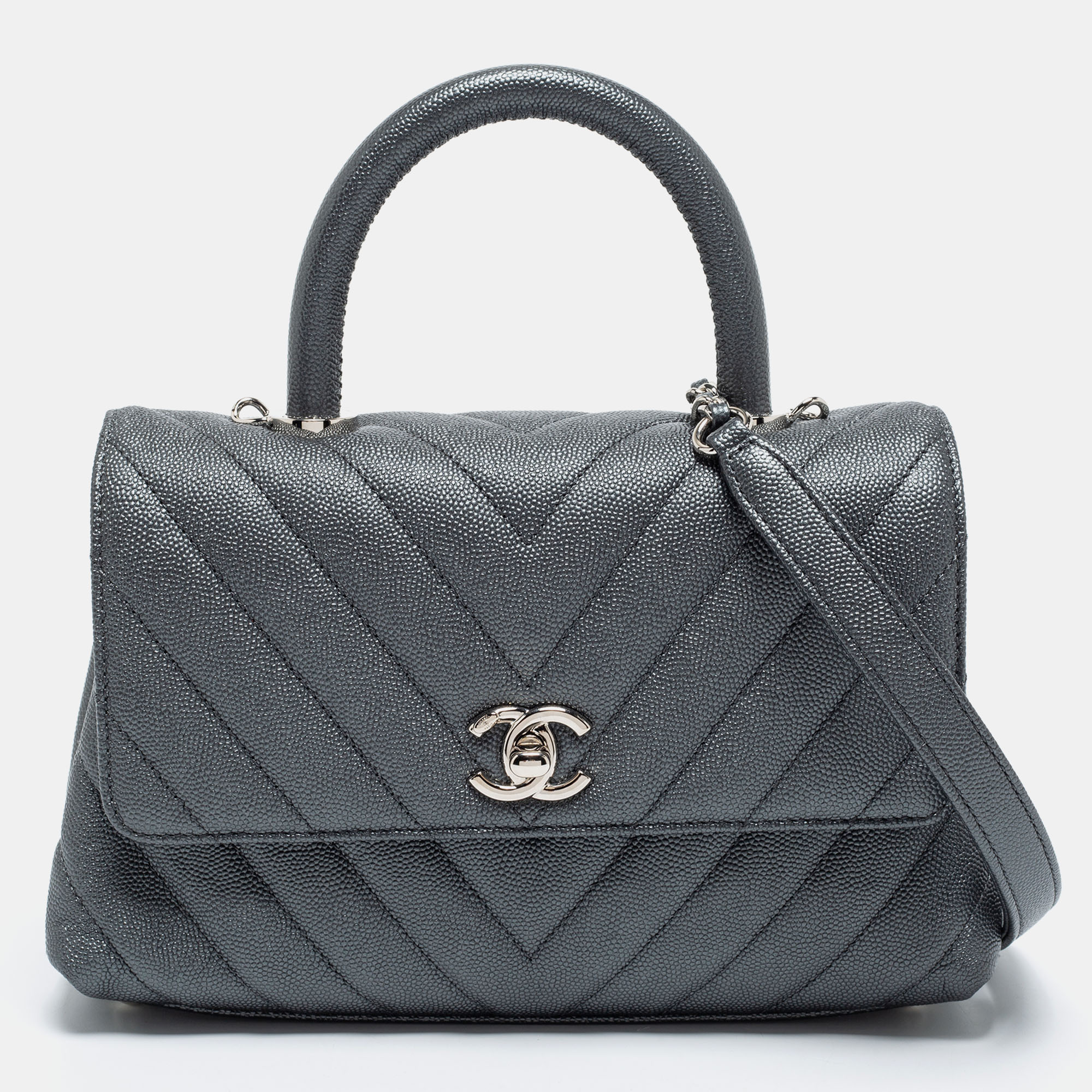 Pre Owned Chanel Pearl Grey Quilted Caviar Leather Small Coco Flap Bag