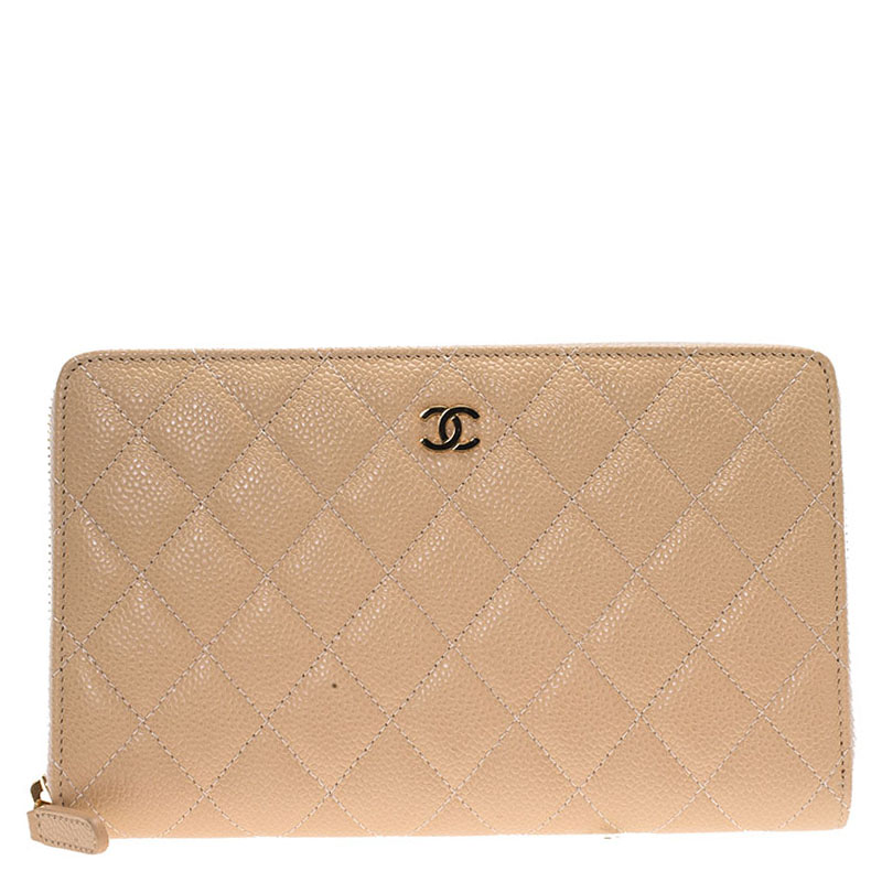 Chanel Beige Quilted Caviar Leather Large Zippy Wallet