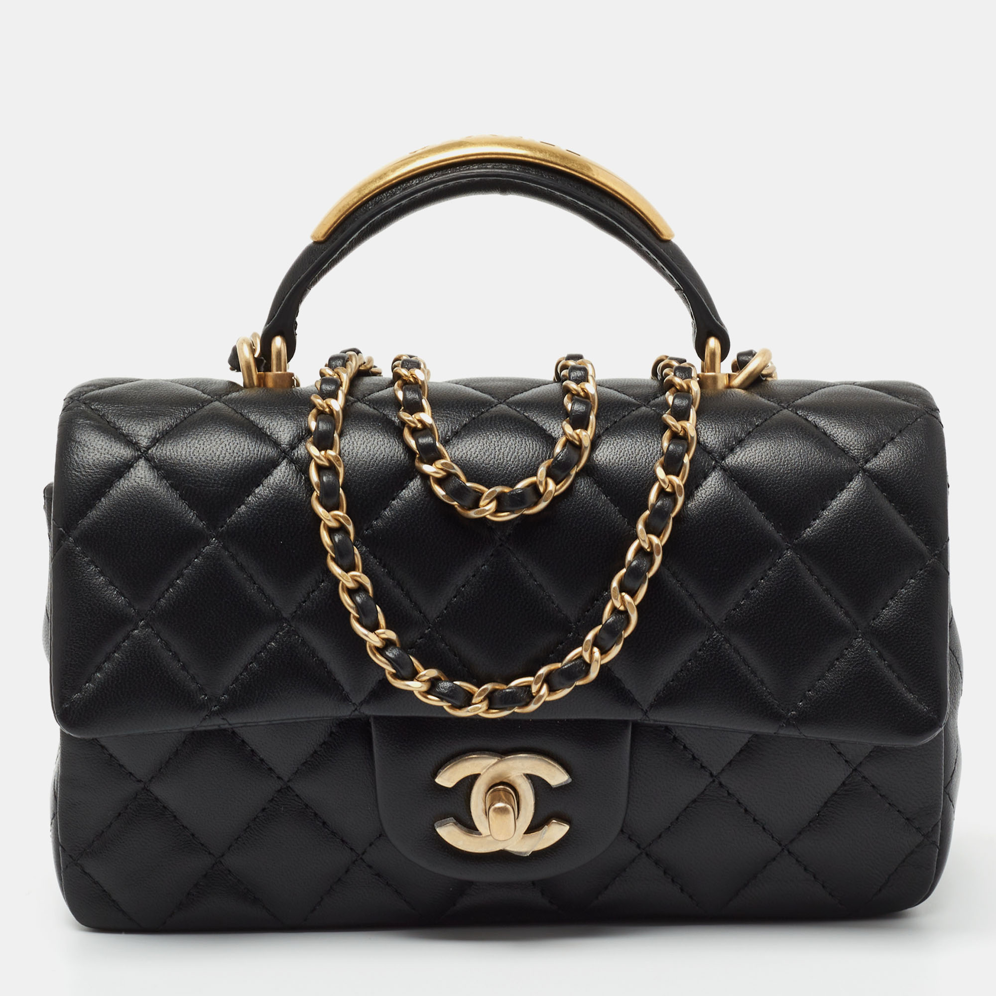 Pre Owned Chanel Black Quilted Leather Mini Rectangular Flap Top Handle Bag