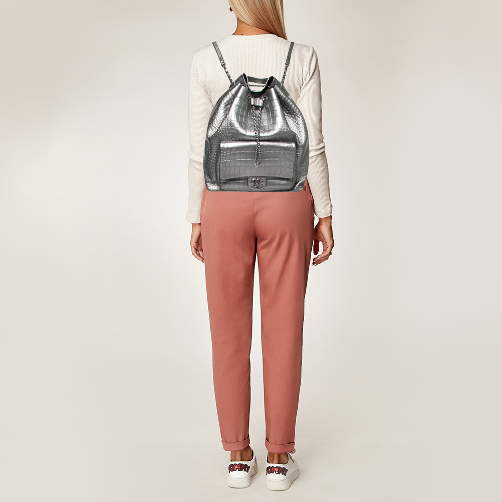 

Chanel Metallic Grey Croc Embossed Leather Large Backpack