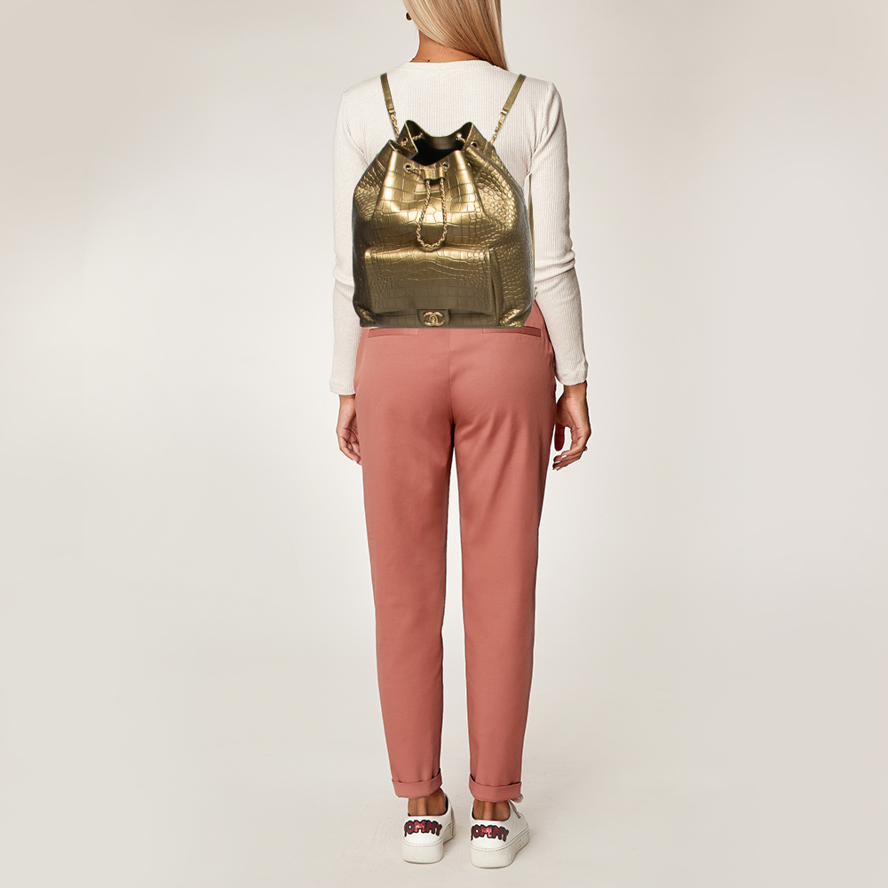

Chanel Gold Croc Embossed Leather Drawstring Backpack