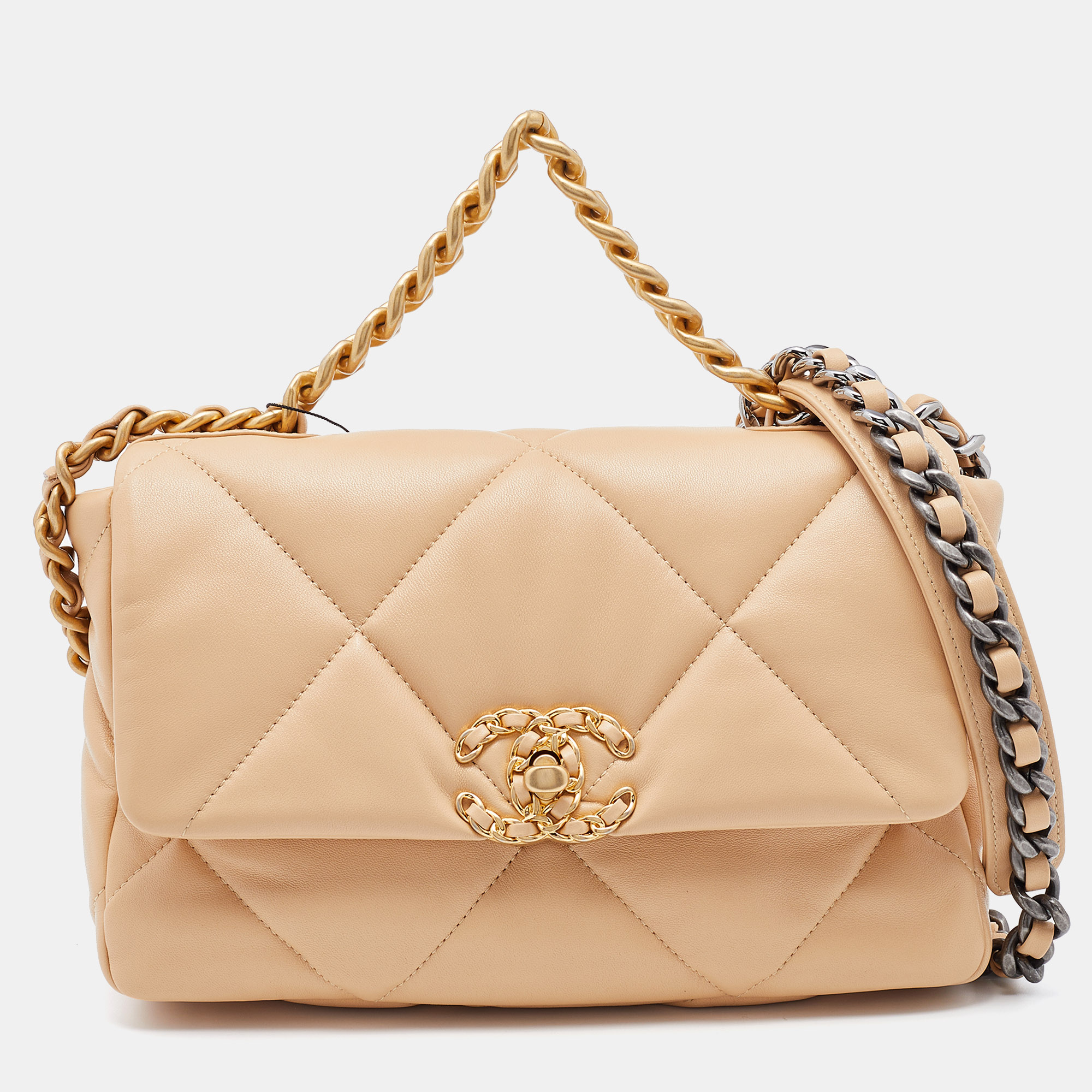 Pre Owned Chanel Beige Quilted Leather Chanel19 Bag