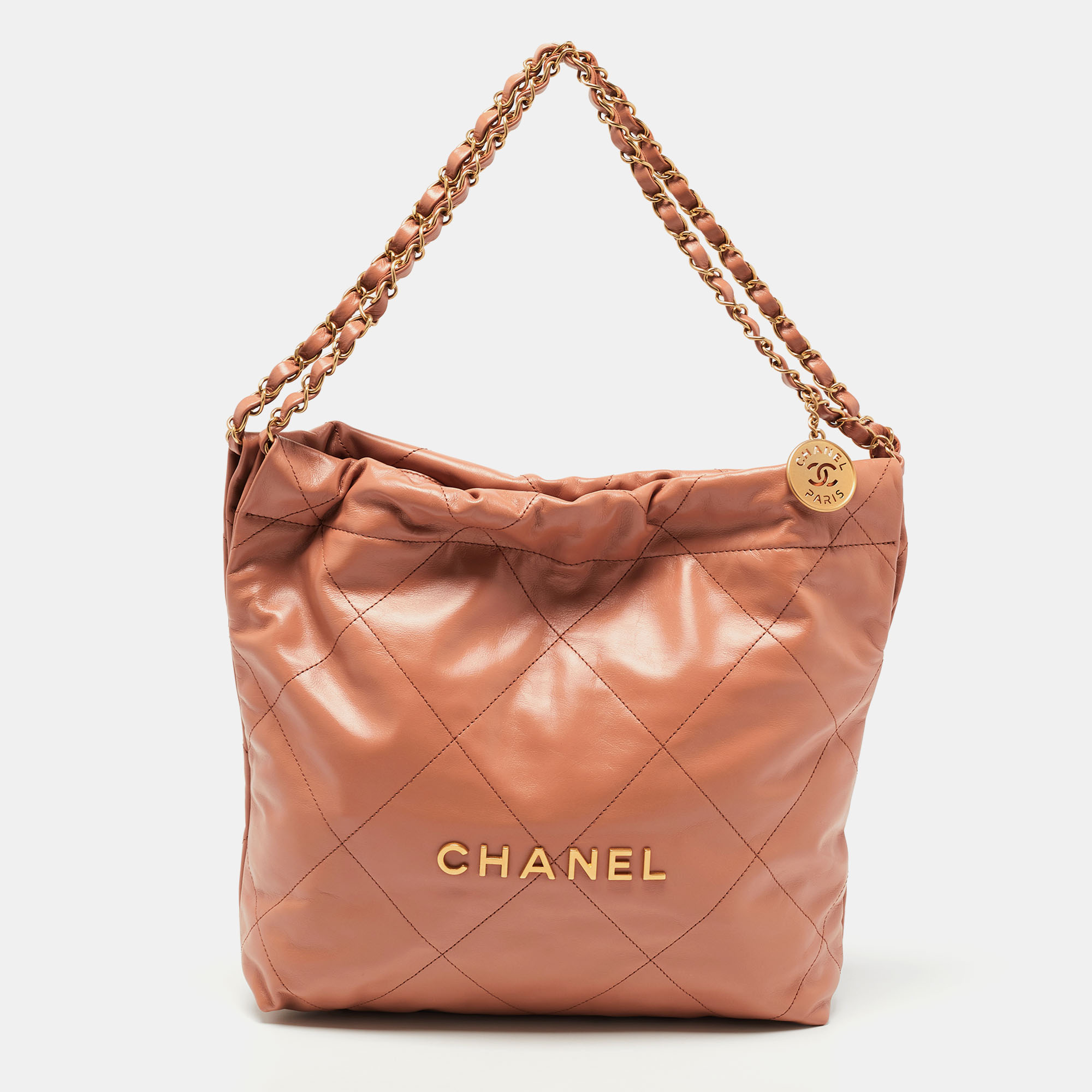 Pre Owned Chanel Brown Quilted Glossy Leather Drawstring 22 Hobo