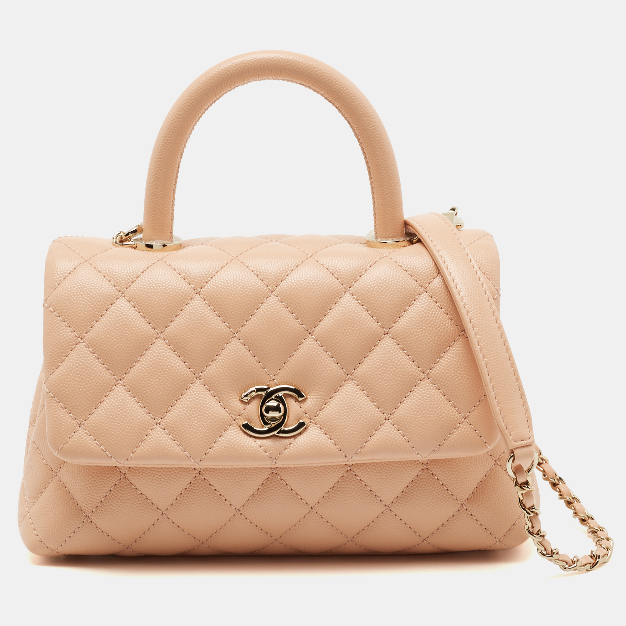 Pre Owned Chanel Peach Quilted Caviar Leather Small Coco Top Handle Bag