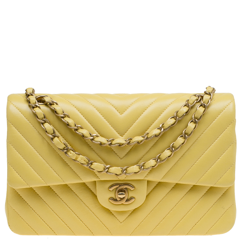 Pre Owned Chanel Yellow Chevron Leather Medium Classic Double Flap Bag