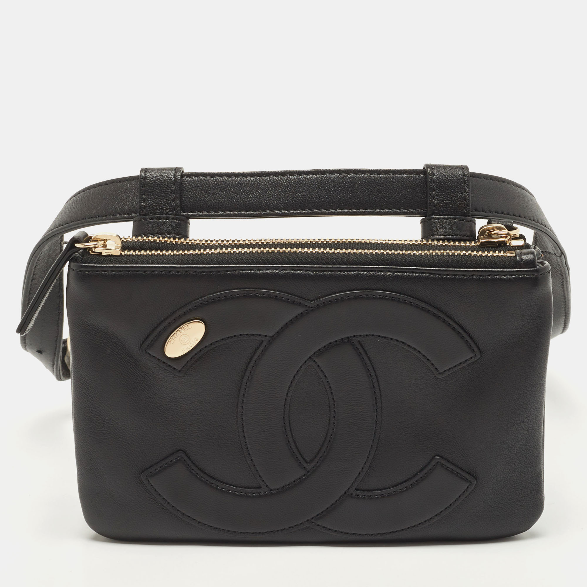Chanel Black Leather CC Mania Double Zip Waist Belt Bag