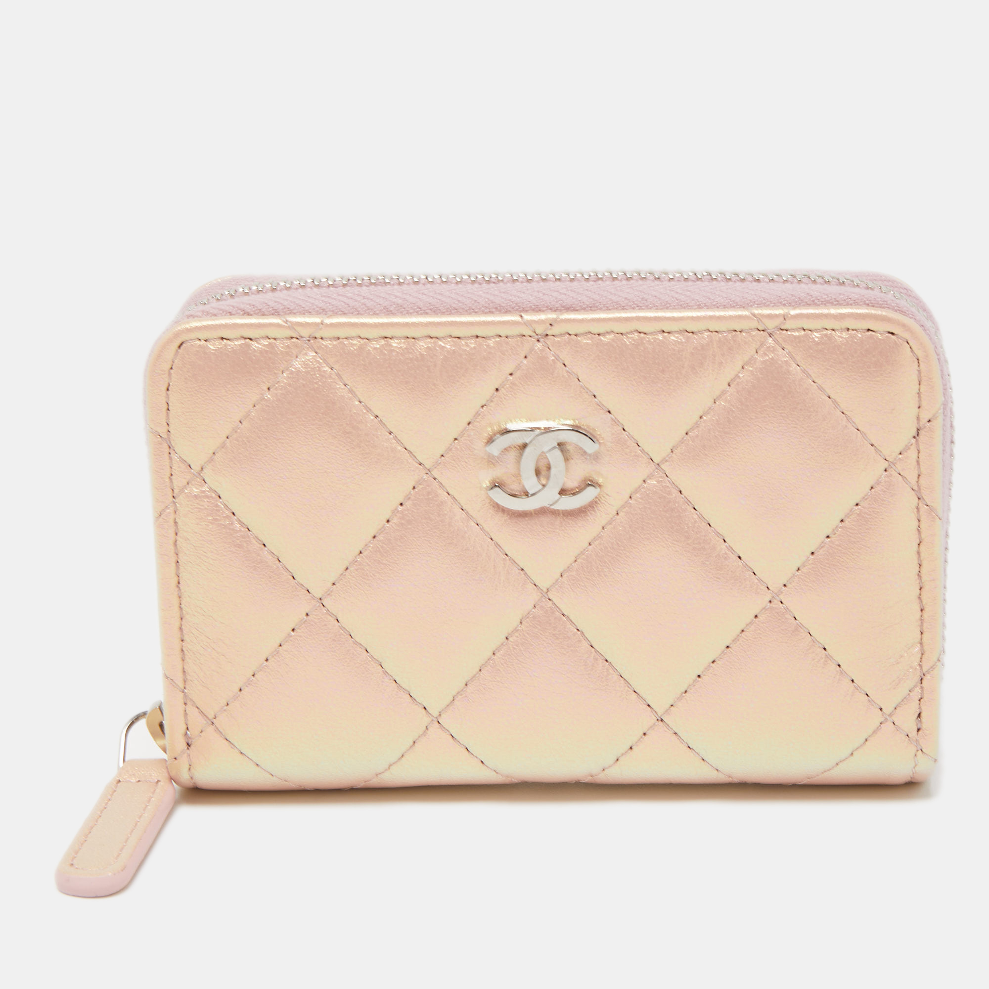 Pre-owned Chanel Pink Quilted Iridescent Leather Cc Zip Coin Purse
