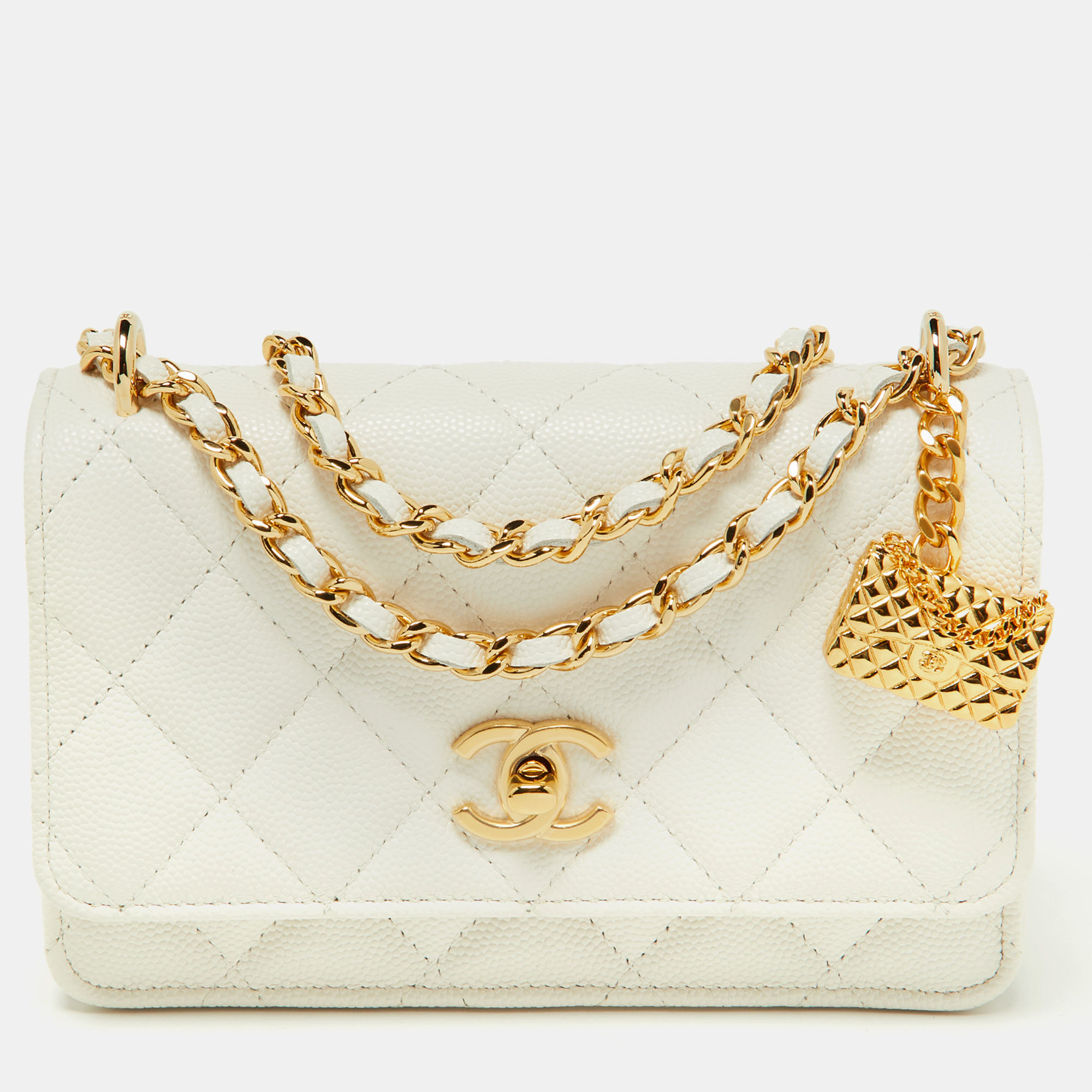 Chanel White Quilted Caviar Leather CC Charm Wallet on Chain