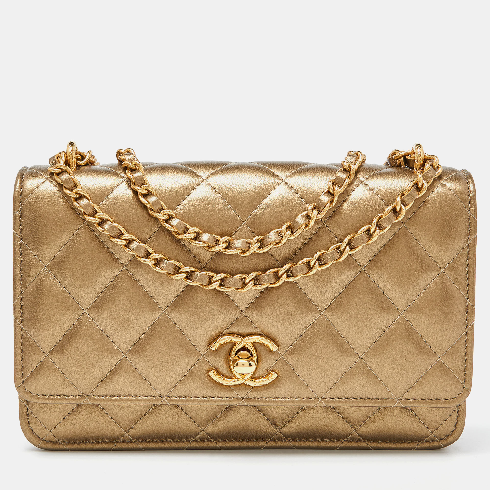 Pre Owned Chanel Gold Quilted Leather CC Wallet on Chain 
