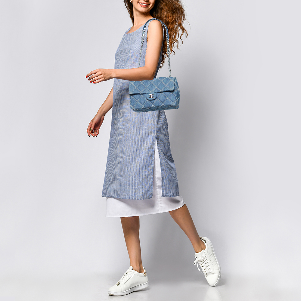 

Chanel Blue Distressed Quilted Denim Medium Single Flap Bag