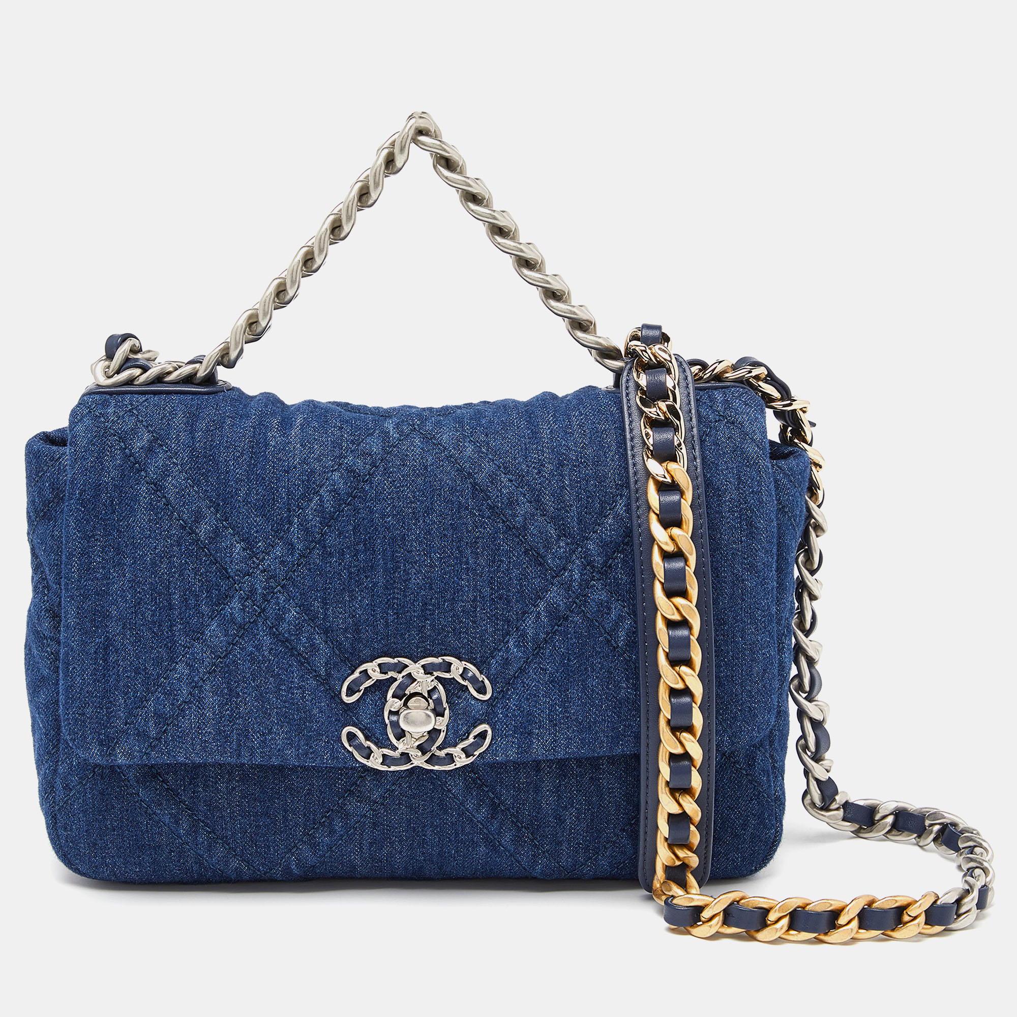 Pre-owned Chanel Blue Quilted Denim Medium 19 Flap Bag