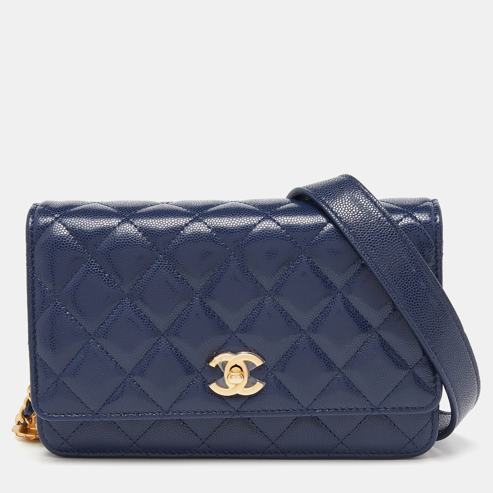 Chanel Blue Quilted Caviar Leather Wallet on Chain 