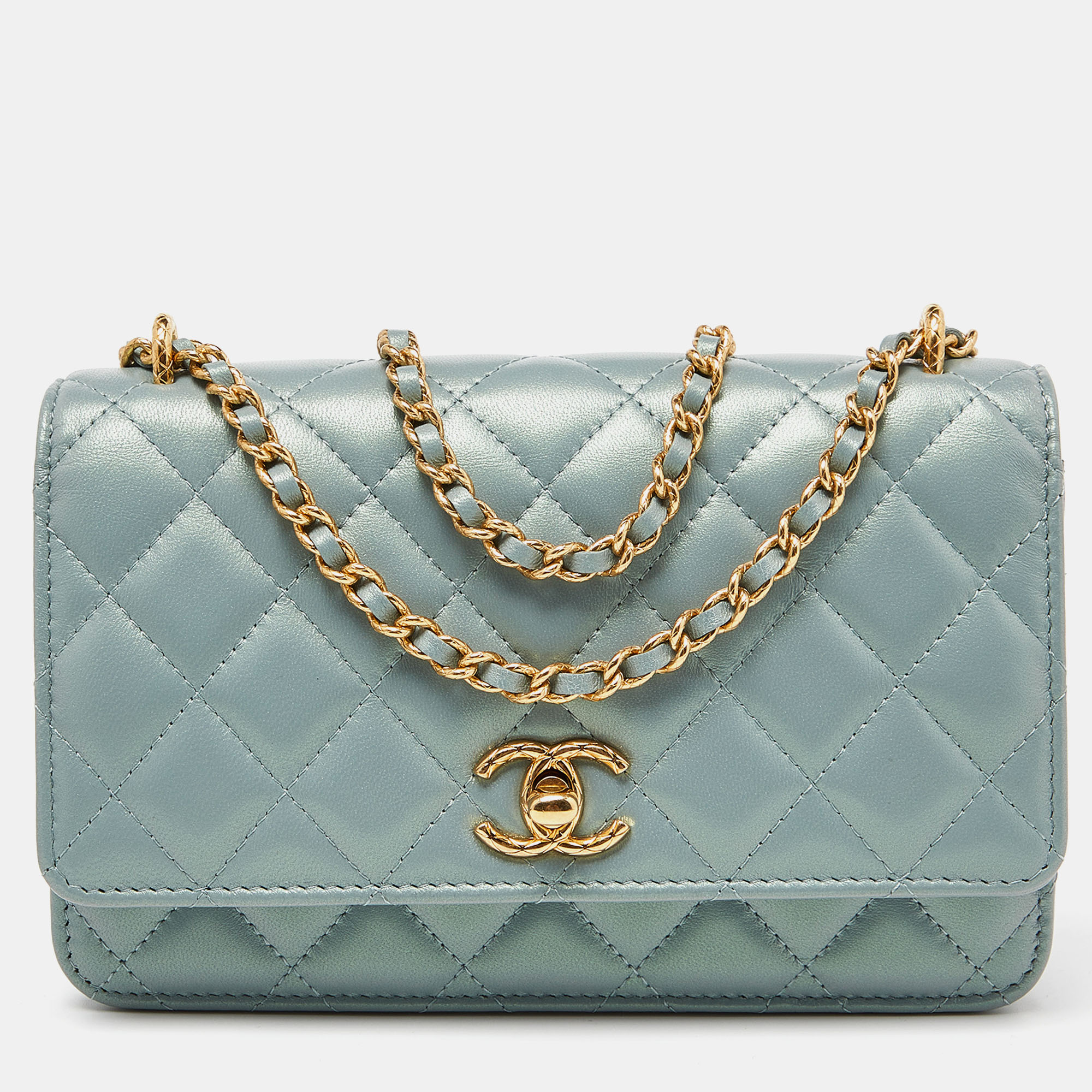 Chanel Pearl Light Green Quilted Leather Wallet on Chain 