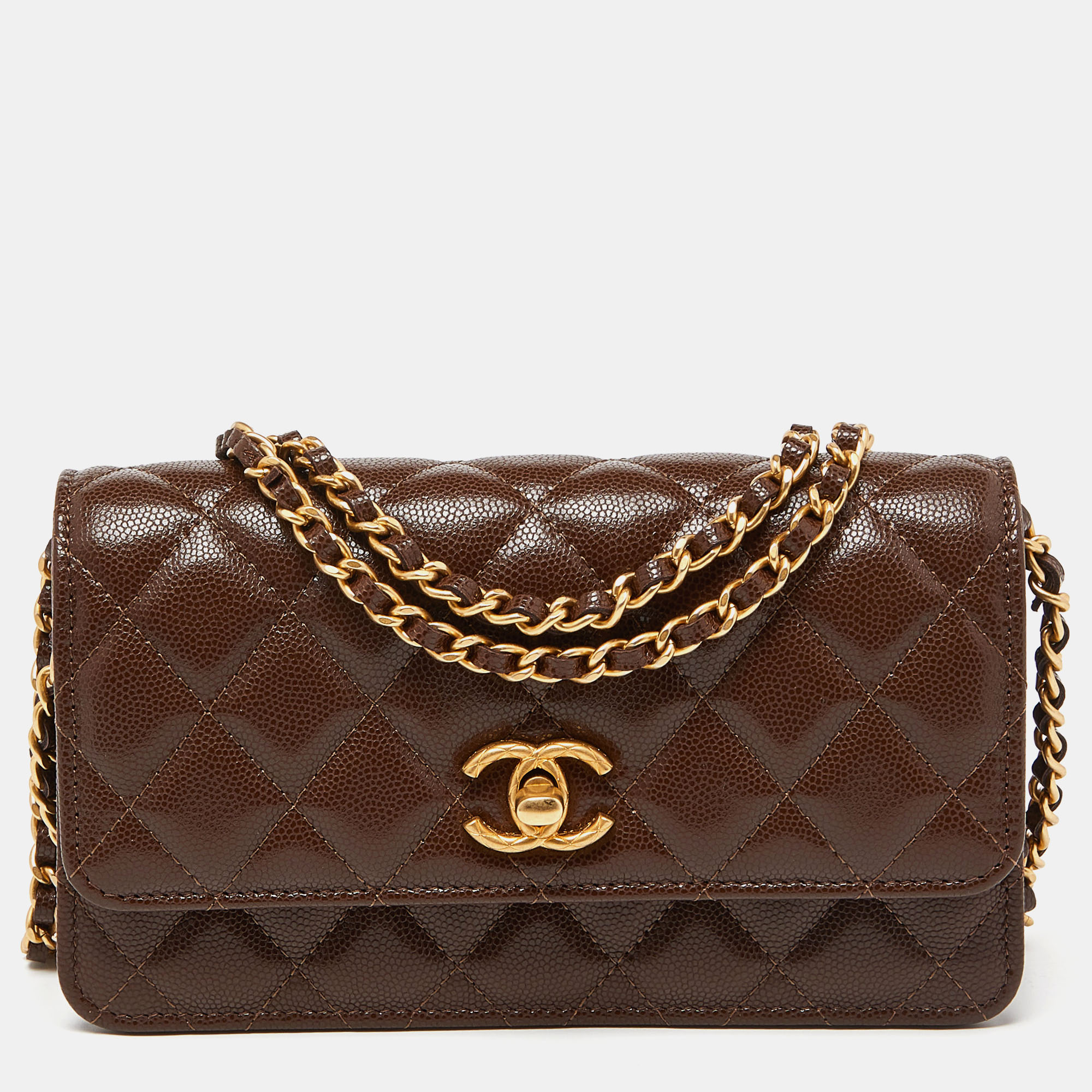 Chanel Brown Quilted Caviar Leather Wallet on Chain 