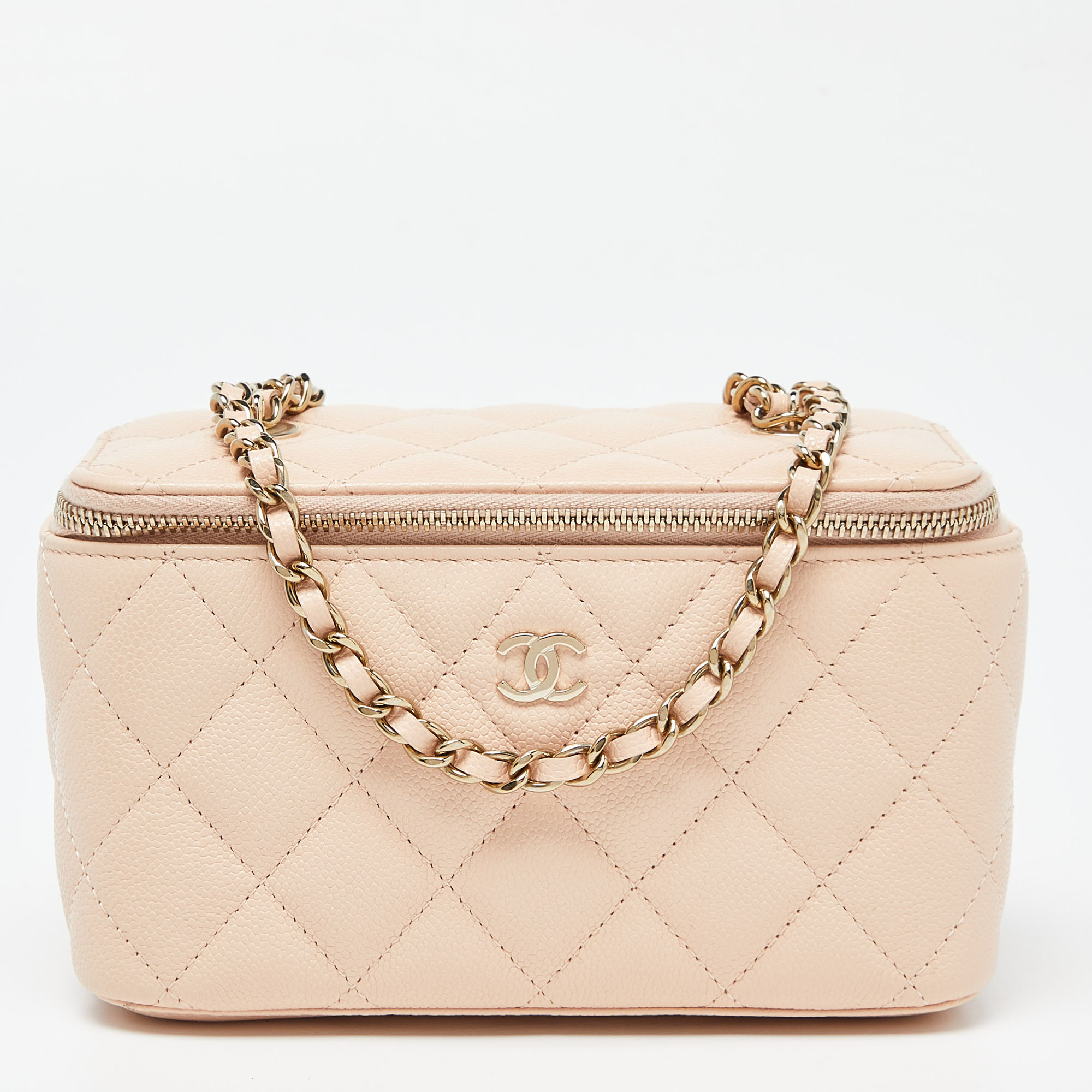 Pre Owned Chanel Beige Quilted Caviar Leather Vanity Case Chain Bag
