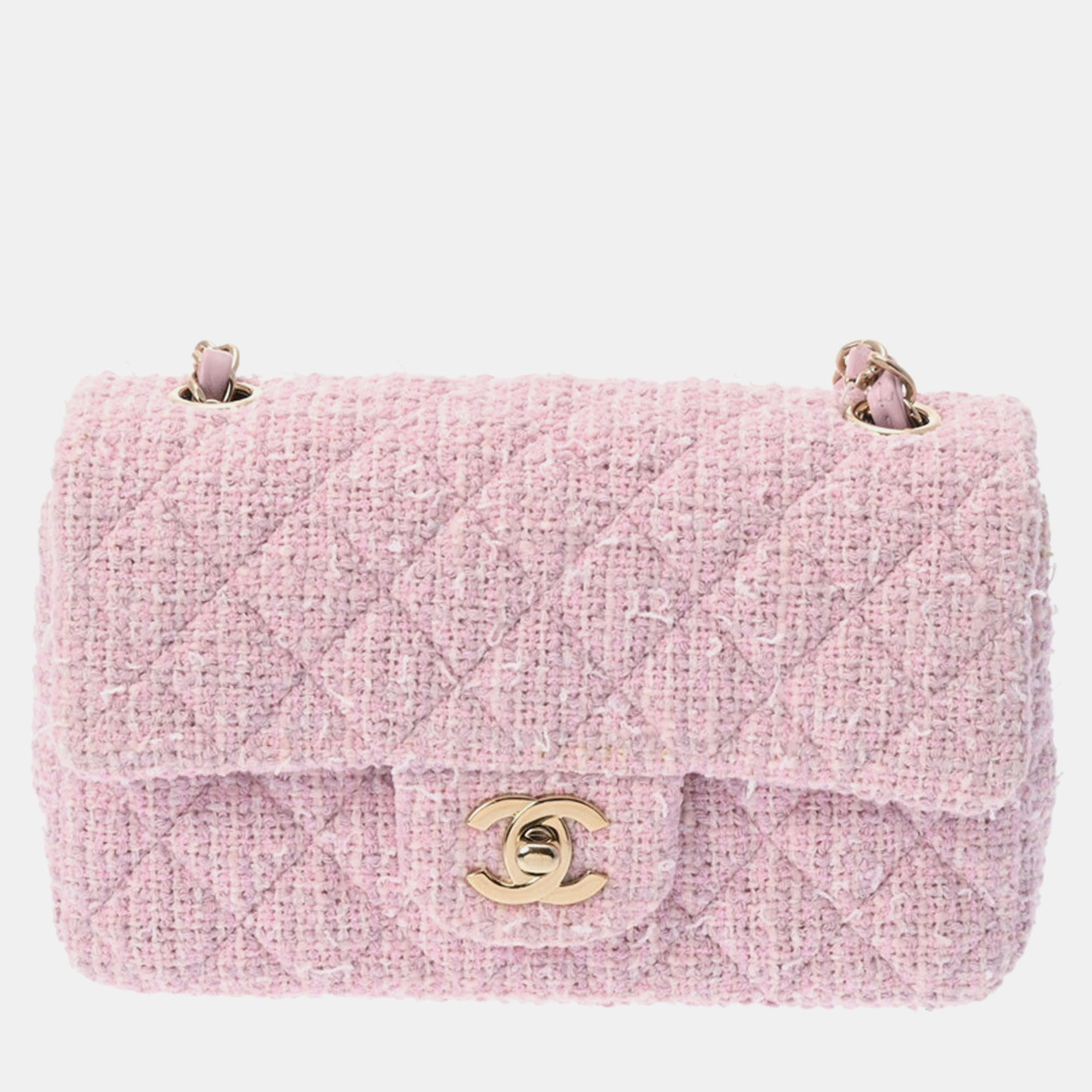 

Chanel Pink Tweed, Leather Small Classic Single Flap Shoulder Bags