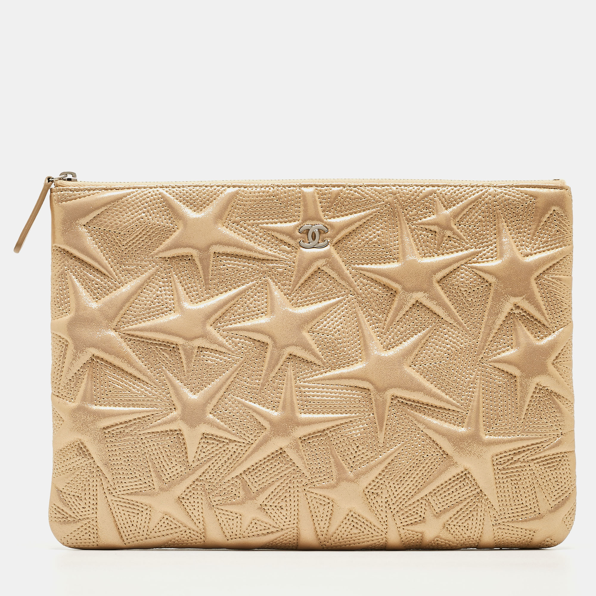 Pre Owned Chanel Gold Star Embossed Leather O Case Medium Quilted Boy Clutch Bag 