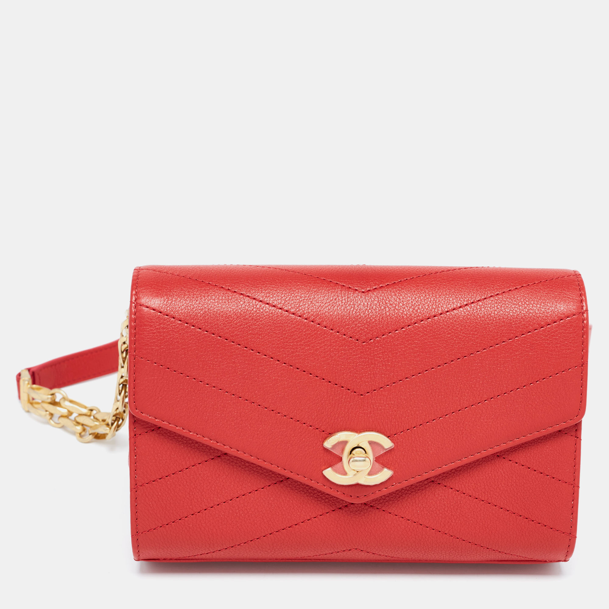 Pre-owned Chanel Red Chevron Leather Coco Waist Belt Bag