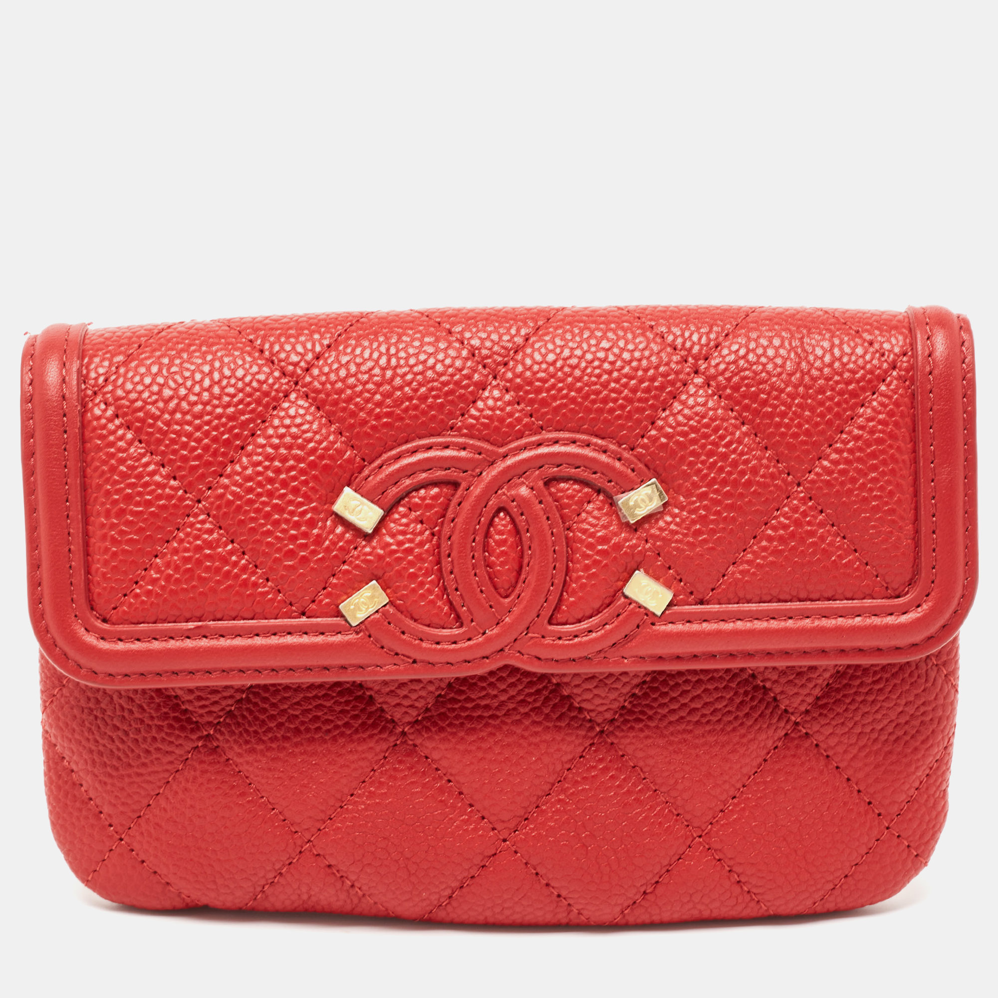 Pre-owned Chanel Red Quilted Caviar Leather Filigree Wallet