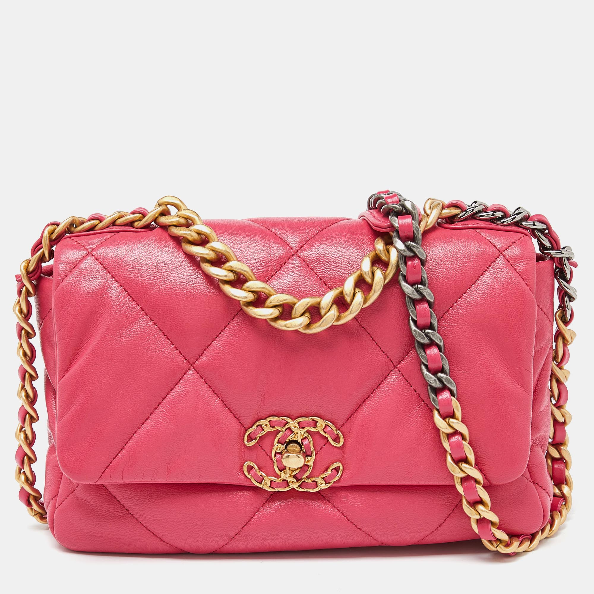 Pre Owned Chanel Pink Quilted Leather Medium 19 Flap Top Handle Bag
