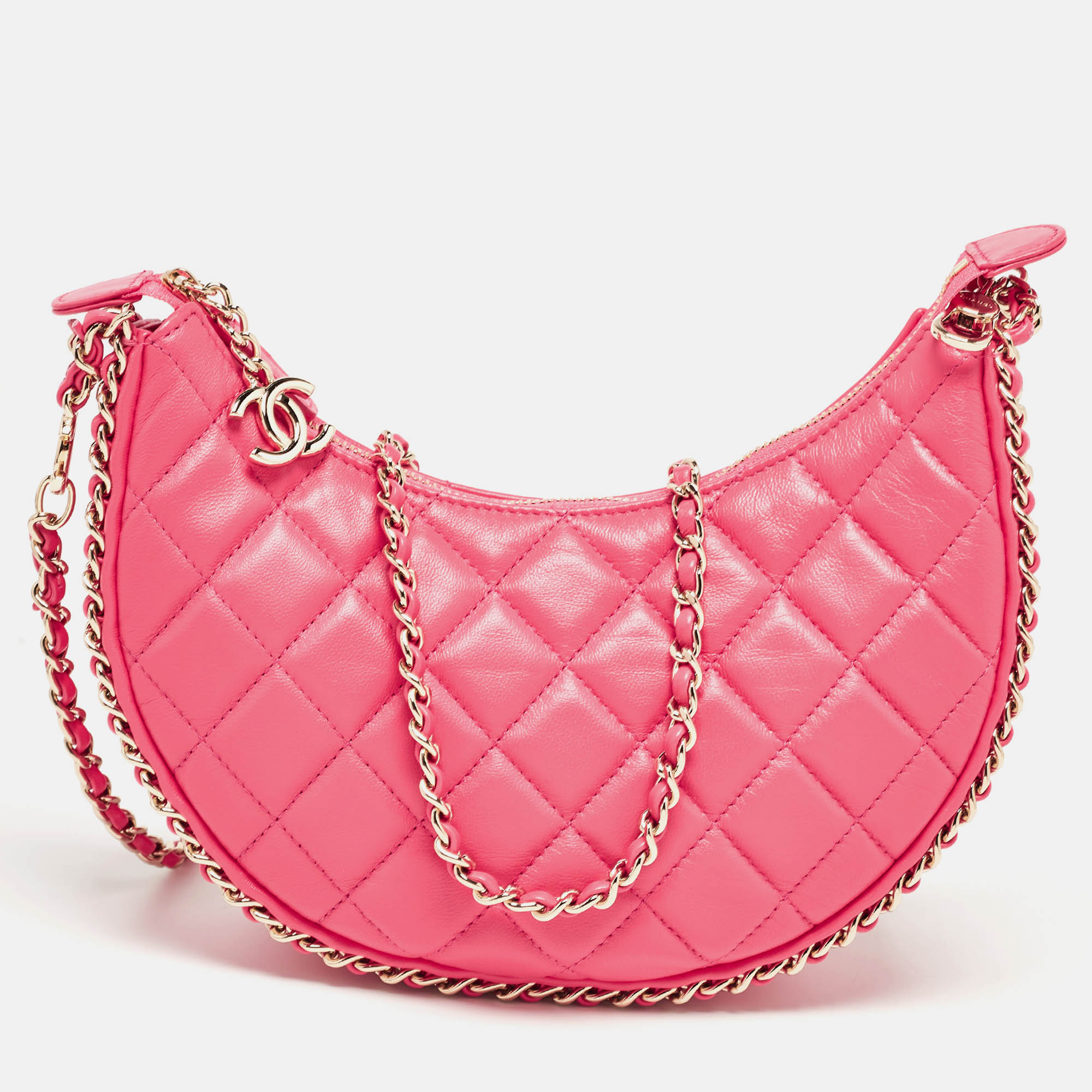 Pre-owned Chanel Pink Quilted Leather Cc Moon Bag