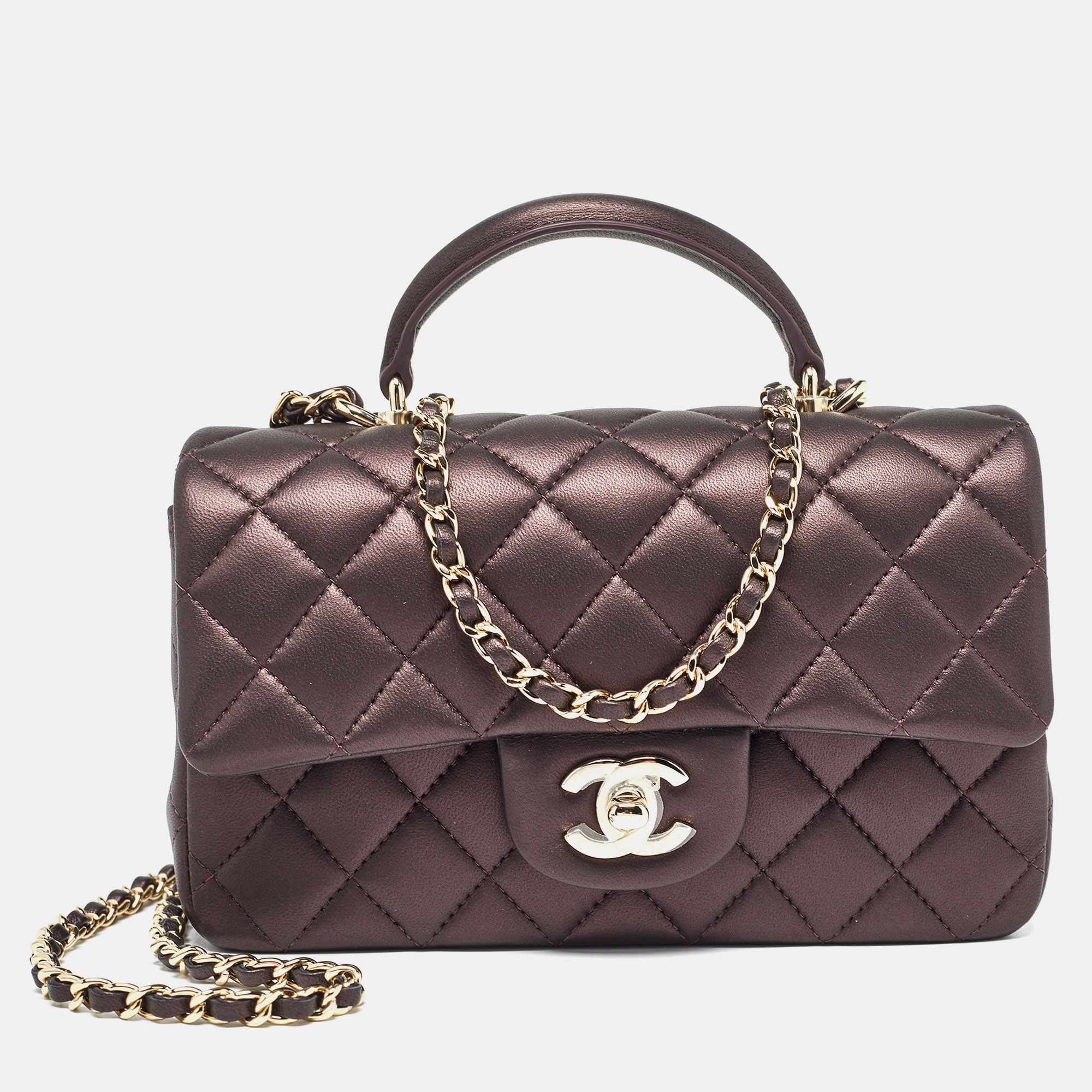 

Chanel Burgundy Iridescent Quilted Leather Mini Rectangular Flap Top Handle Bag