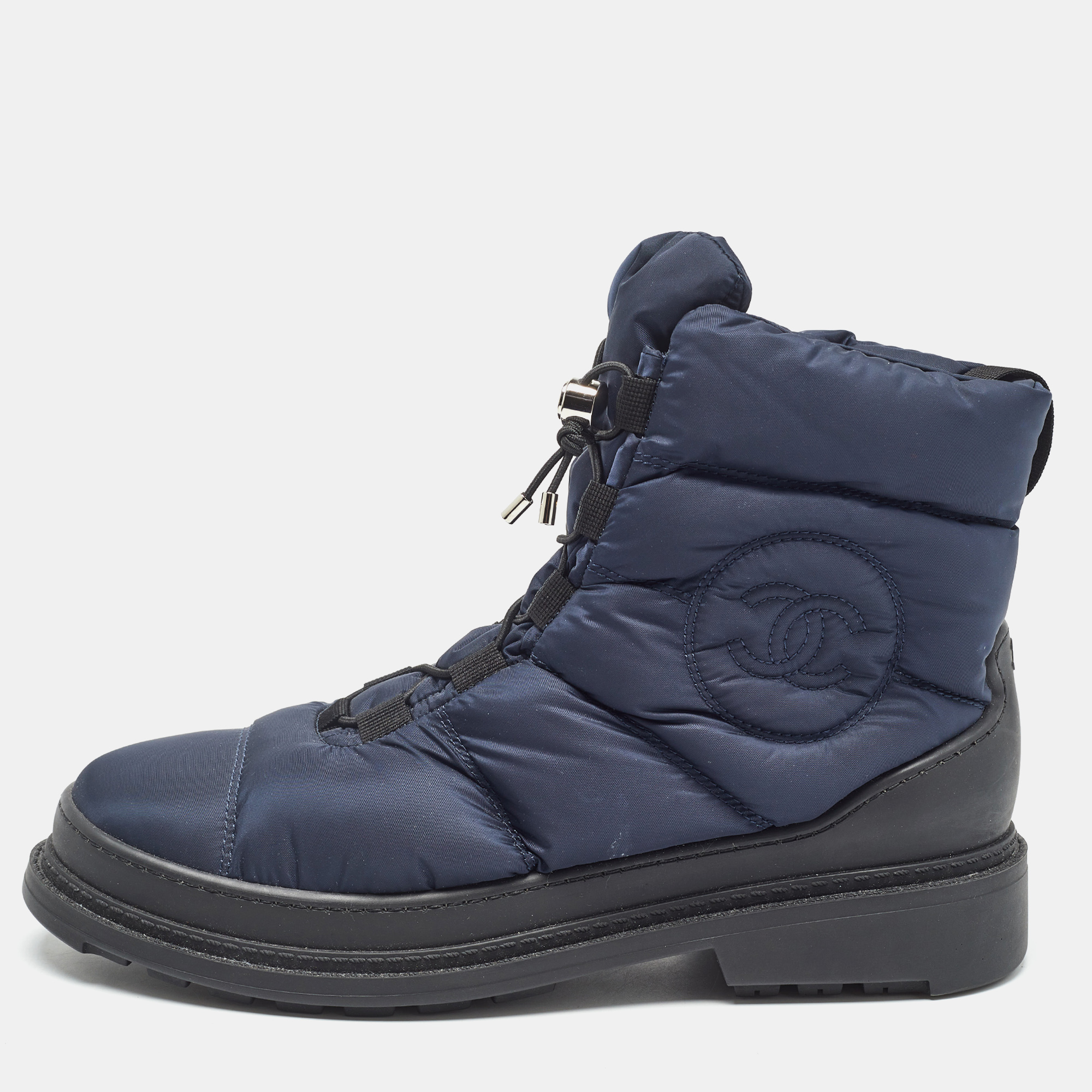 

Chanel Navy Blue Nylon Interlocking CC Logo Snow Boots Size