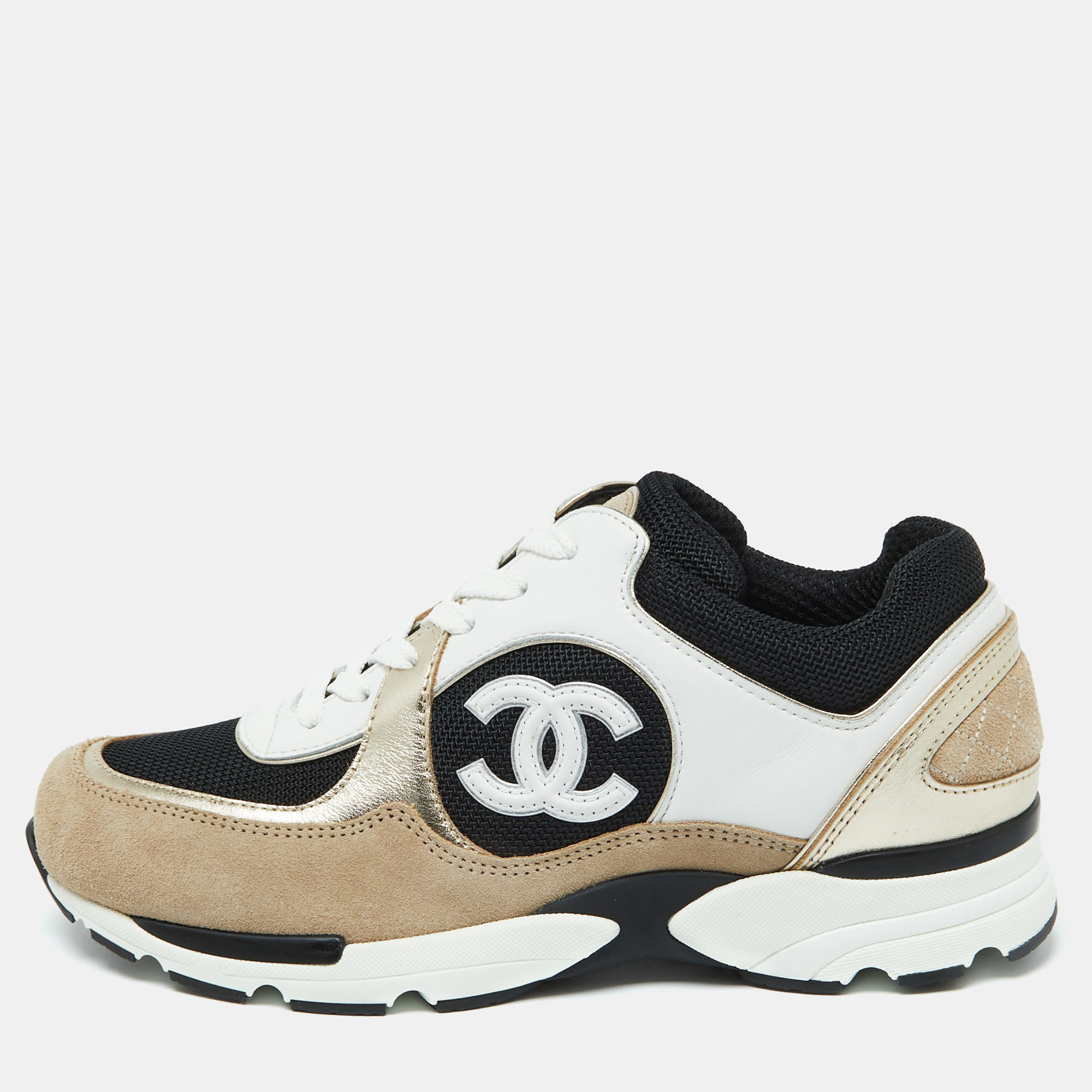 

Chanel Tricolor Suede, Leather and Mesh CC Low Top Sneakers Size, Multicolor
