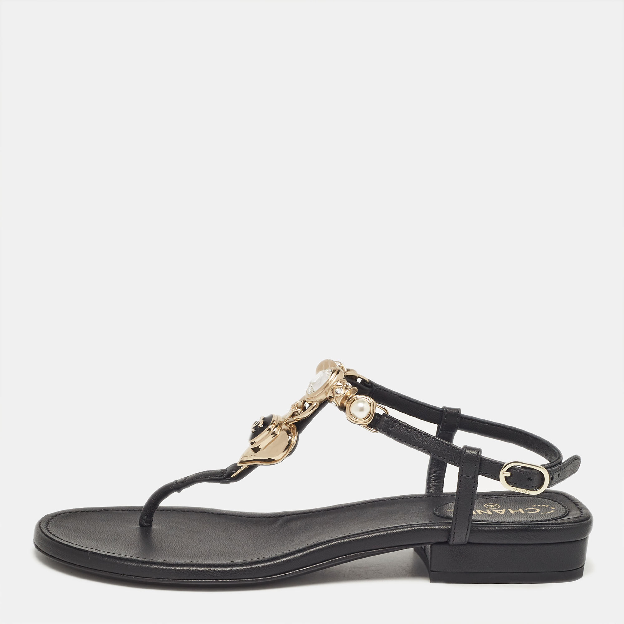 

Chanel Black Leather CC Ankle Strap Sandals Size