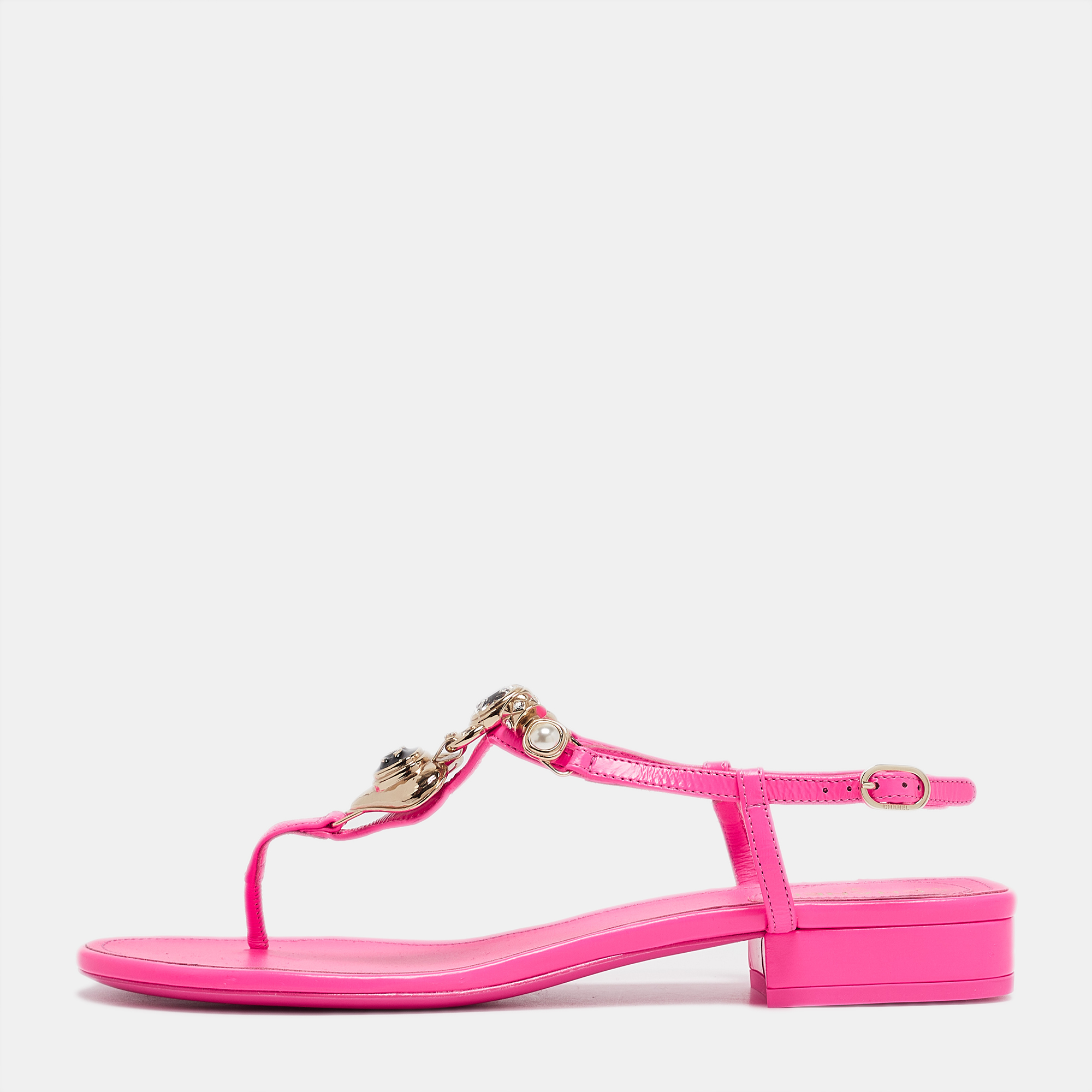 

Chanel Pink Leather Embellished CC Thong Sandals Size