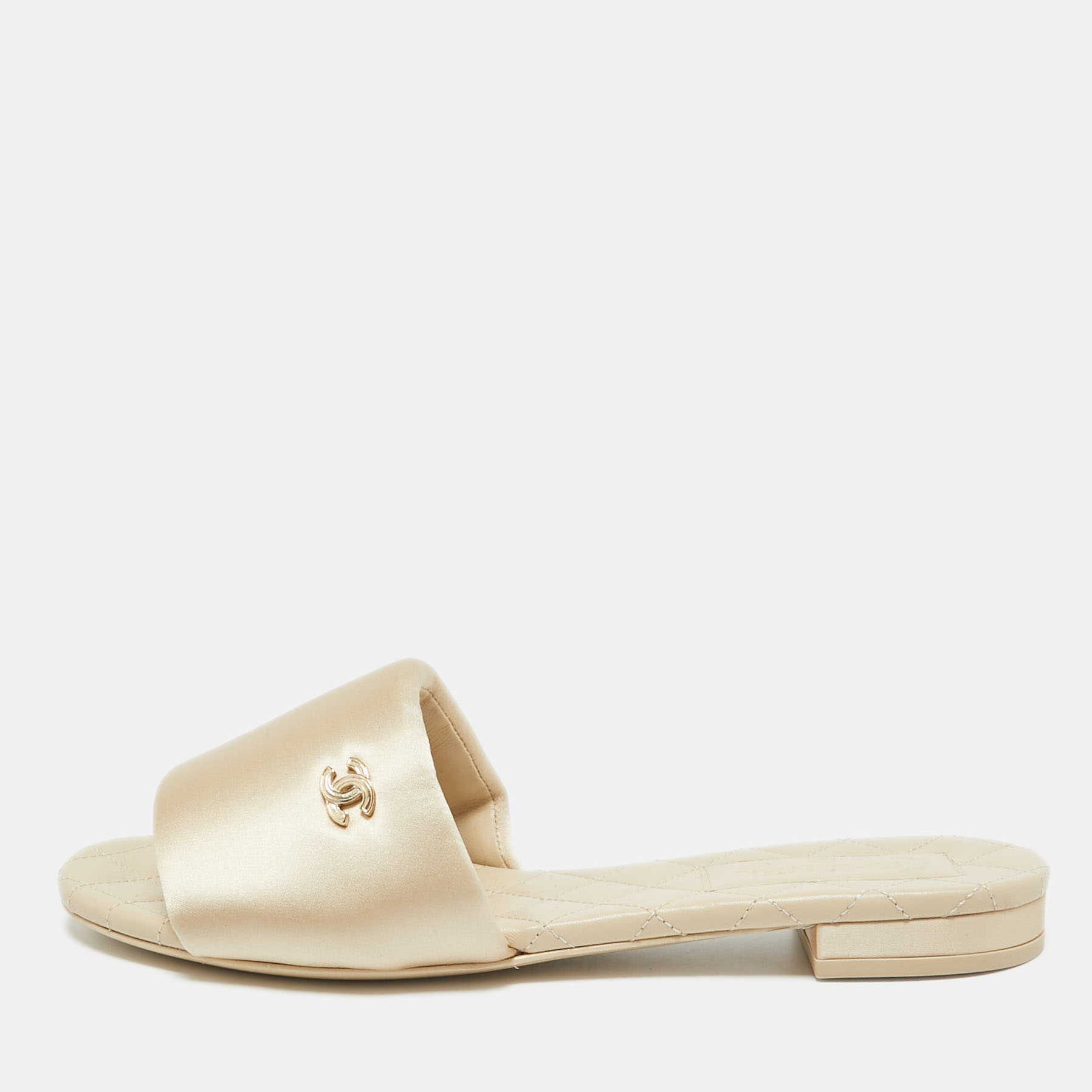 

Chanel Gold Satin CC Flat Slides Size