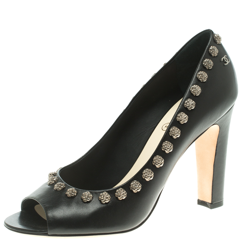 Chanel Black Leather Camellia Studded Peep Toe Pumps Size 39
