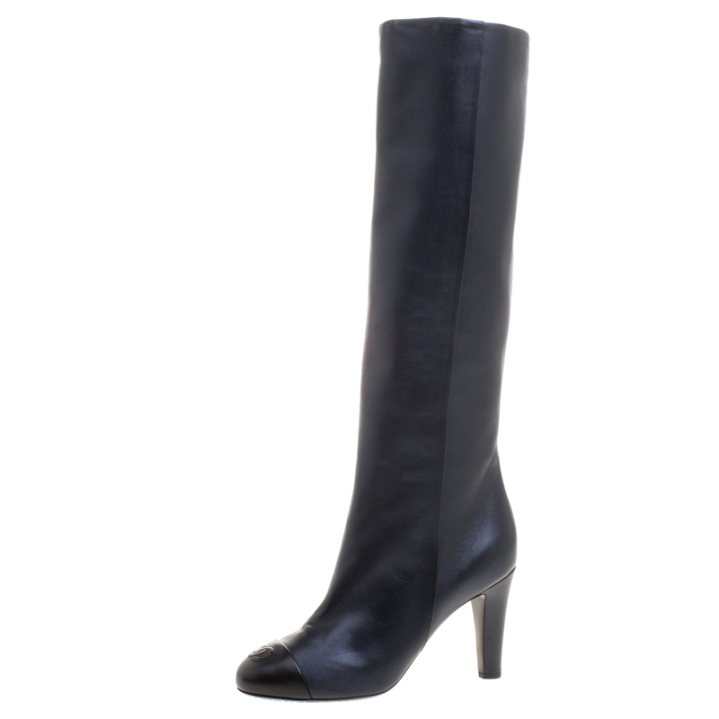 Chanel Pearl Black Leather CC Cap Toe Knee High Boots Size 40.5 Chanel