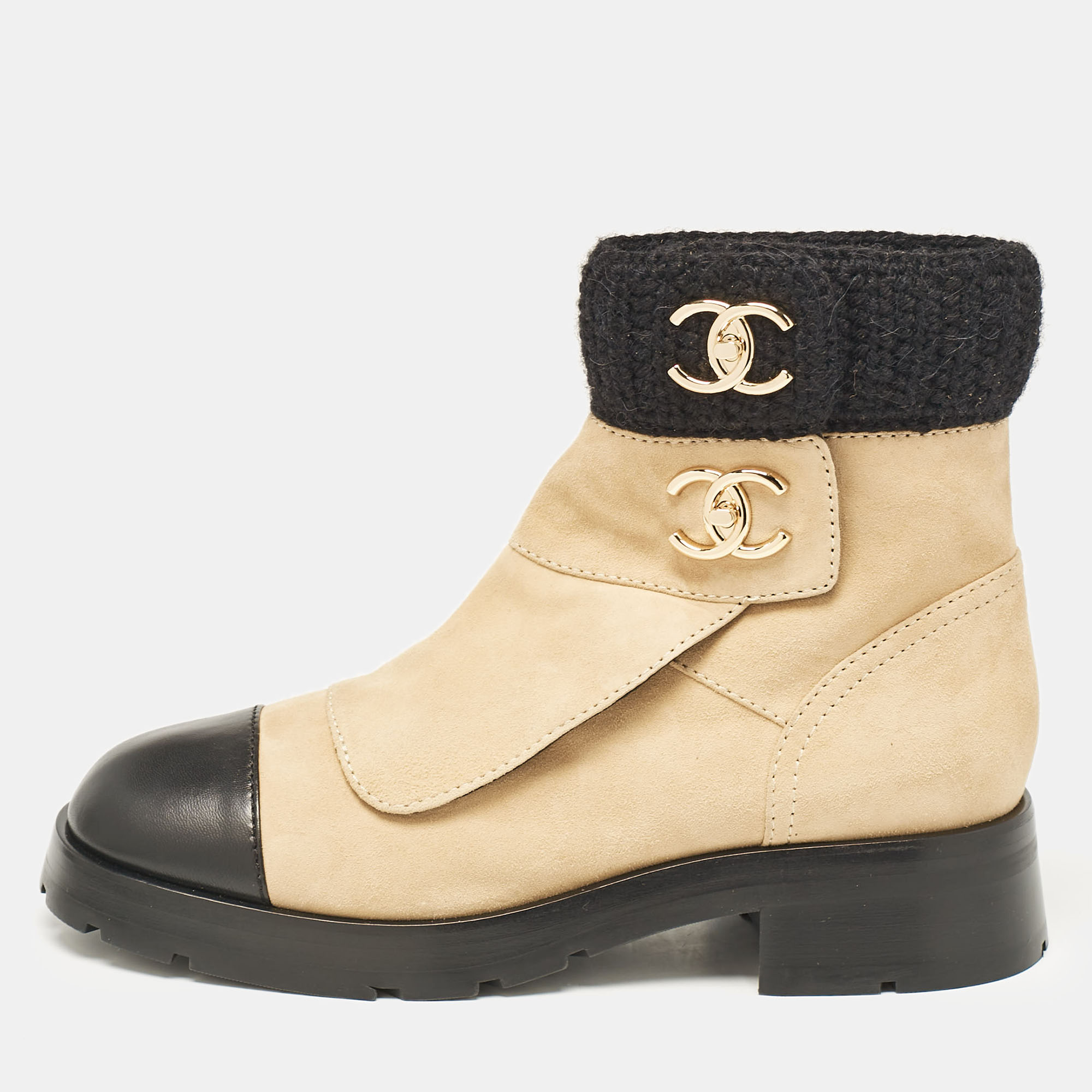 

Chanel Beige/Black Suede and Leather CC Combat Boots Size