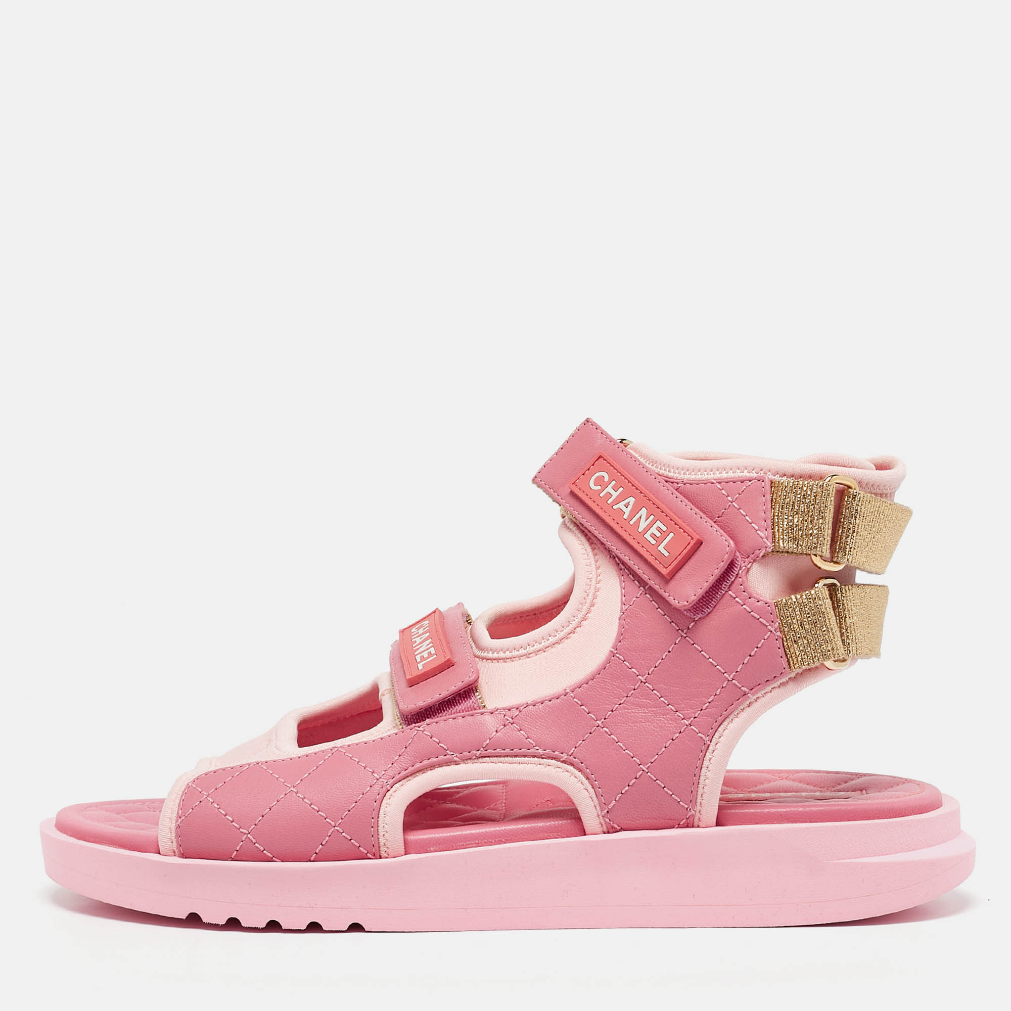 

Chanel Pink Leather and Neoprene Gladiator Flat Sandals Size