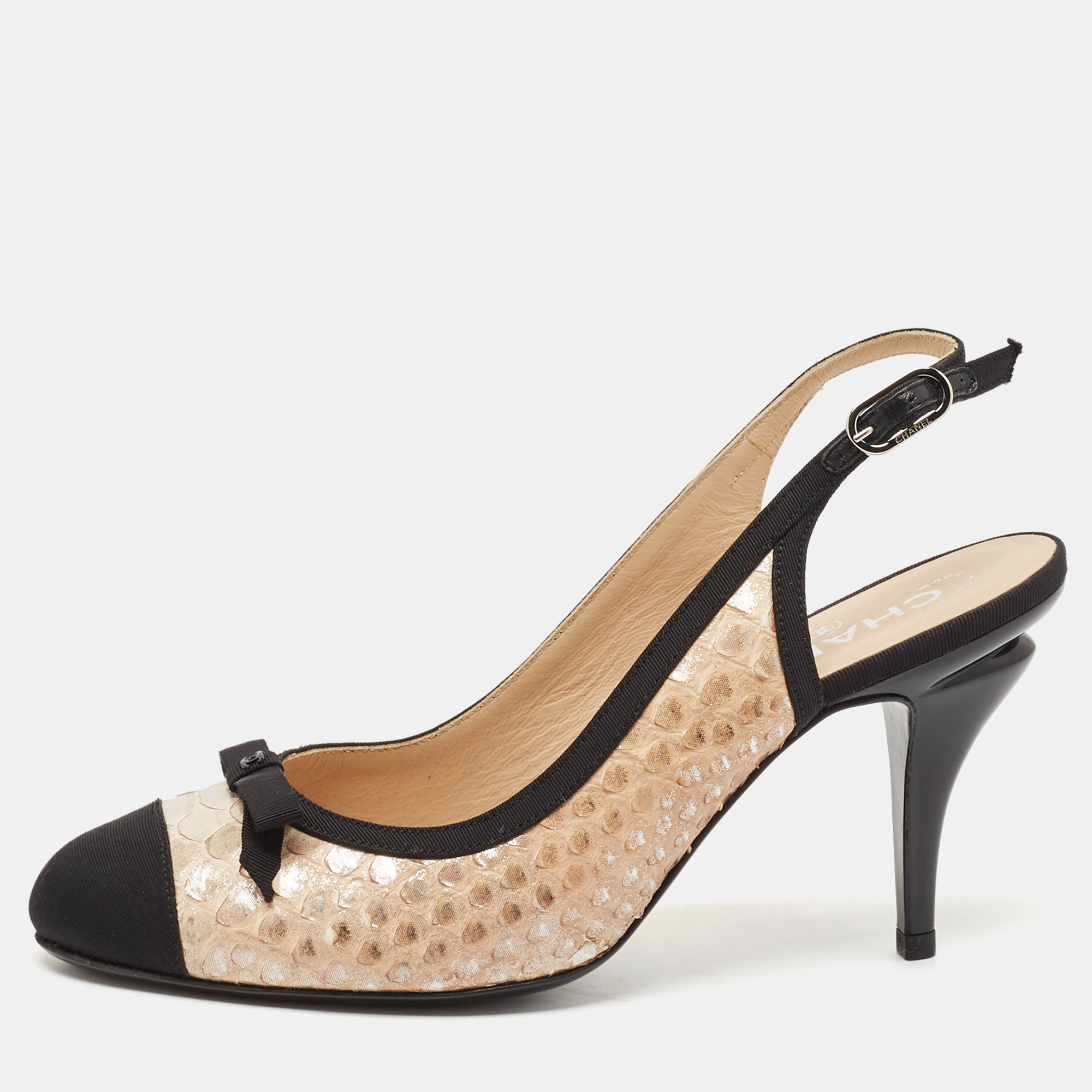 

Chanel Black/Beige Canvas and Python Leather Bow Slingback Pumps Size