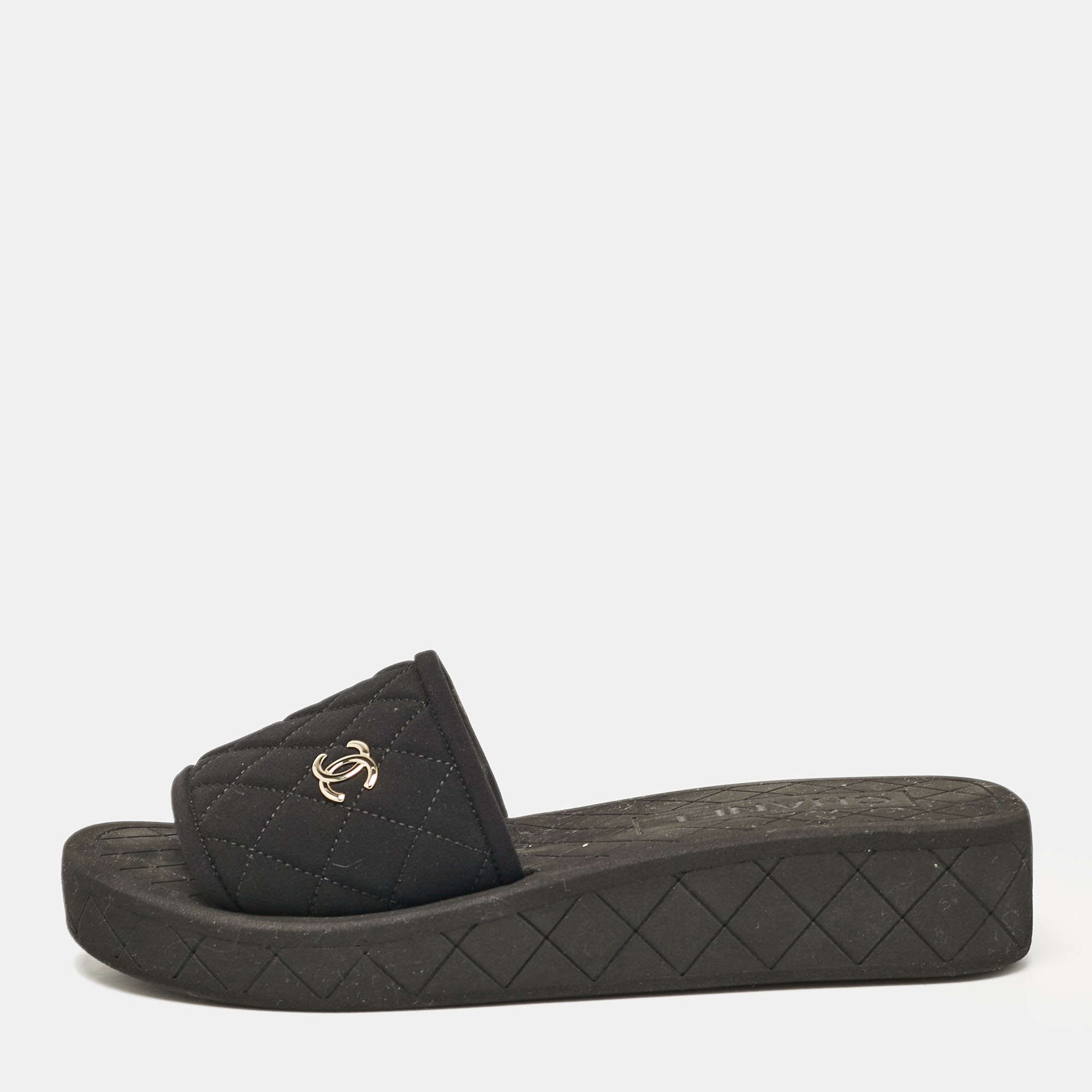 

Chanel Black Quilted Neoprene CC Slide Sandals Size