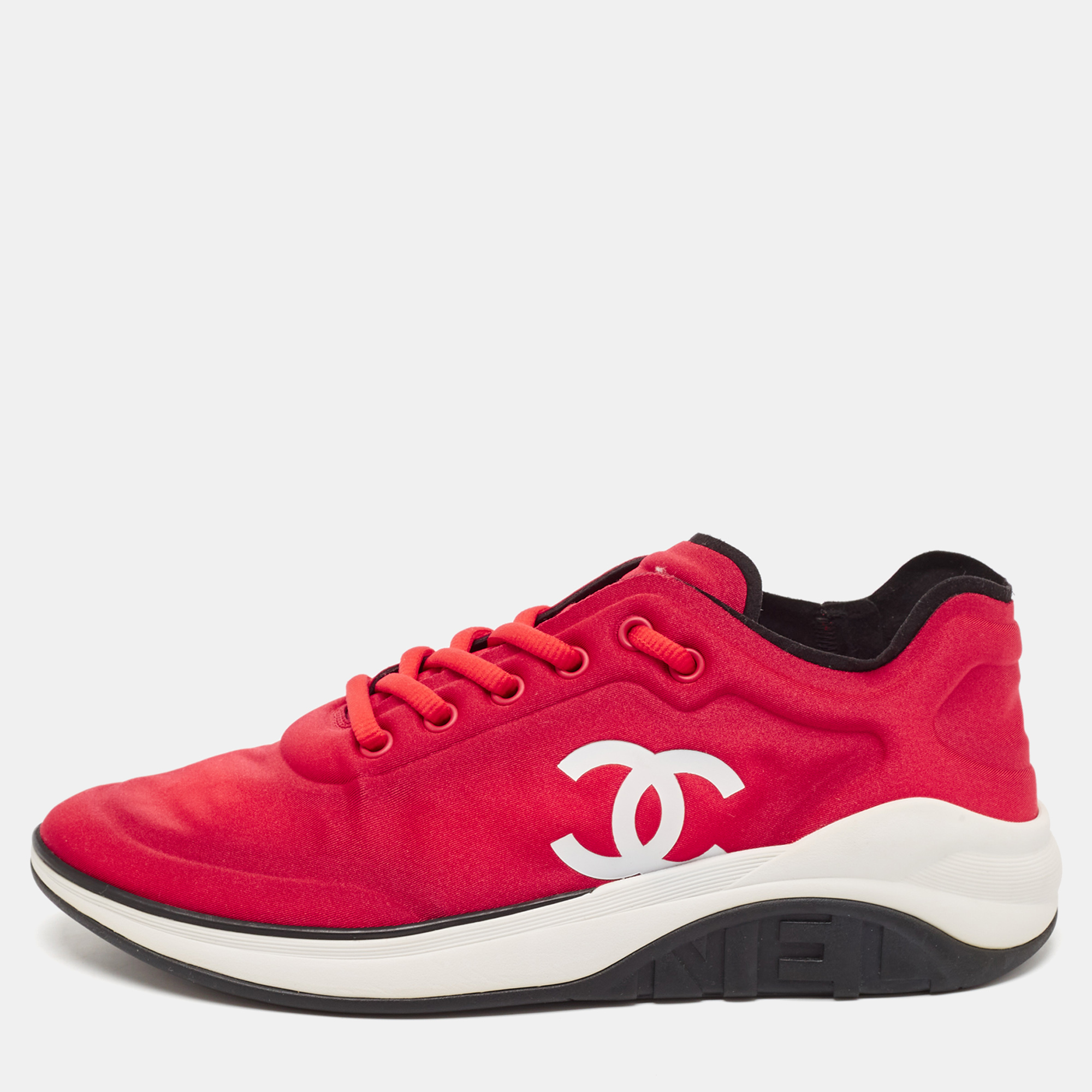 

Chanel Red Nylon CC Lace Up Sneakers Size